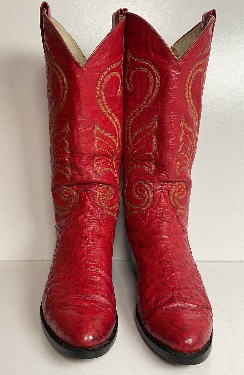 Vintage Larry Mahan Cherry Red Pin Quill Ostrich Cowboy Boots 10.5 D New Half Soles