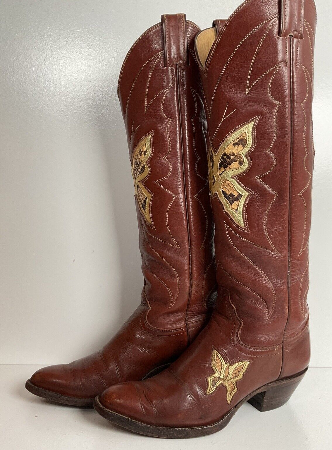 Vintage Justin Butterfly Snakeskin Inlay Cowgirl Boots 6 C Tall USA