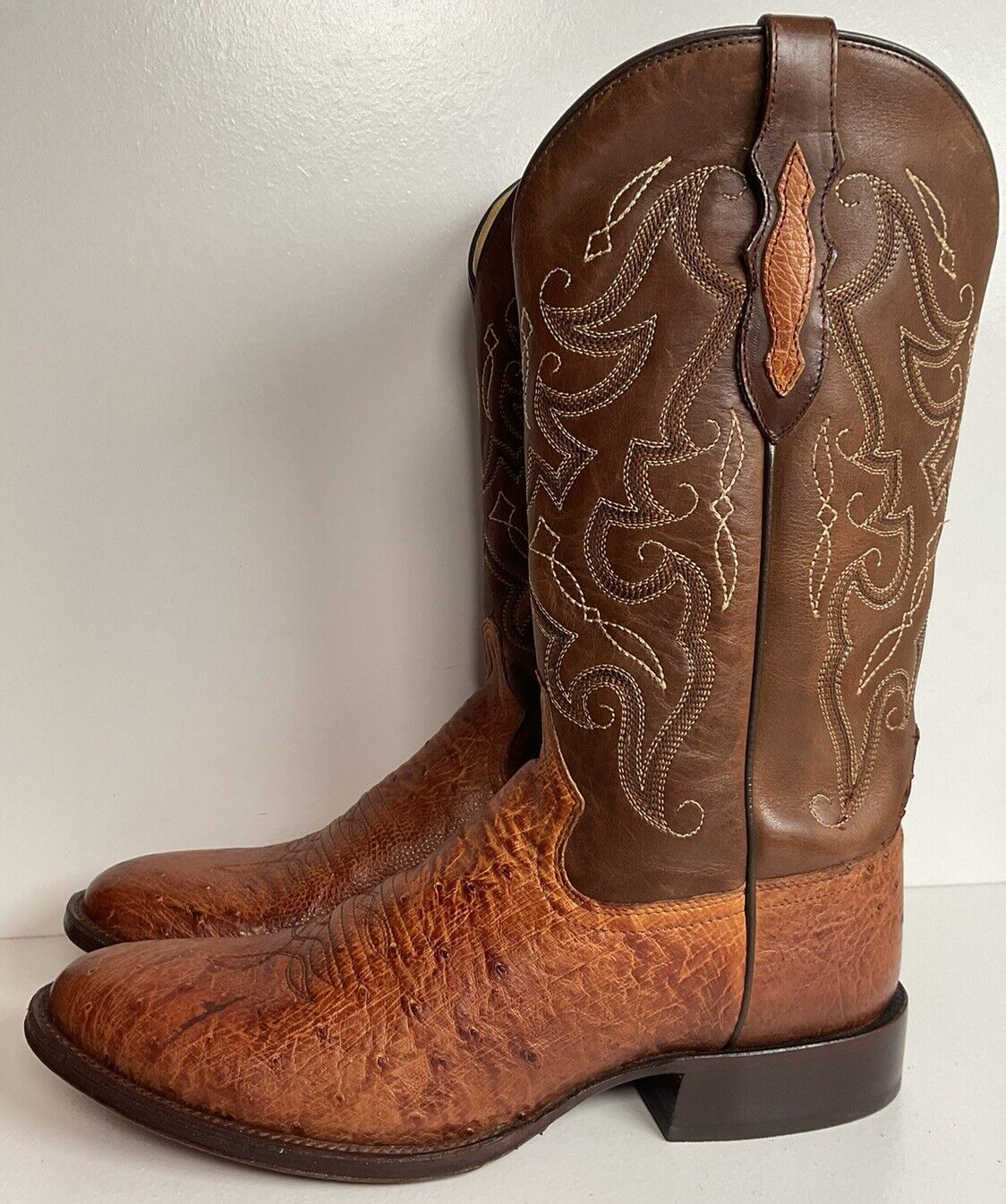 Tony Lama Smooth Patron Saddle Ostrich Cowboy Boots 9 D Marbled Exotic