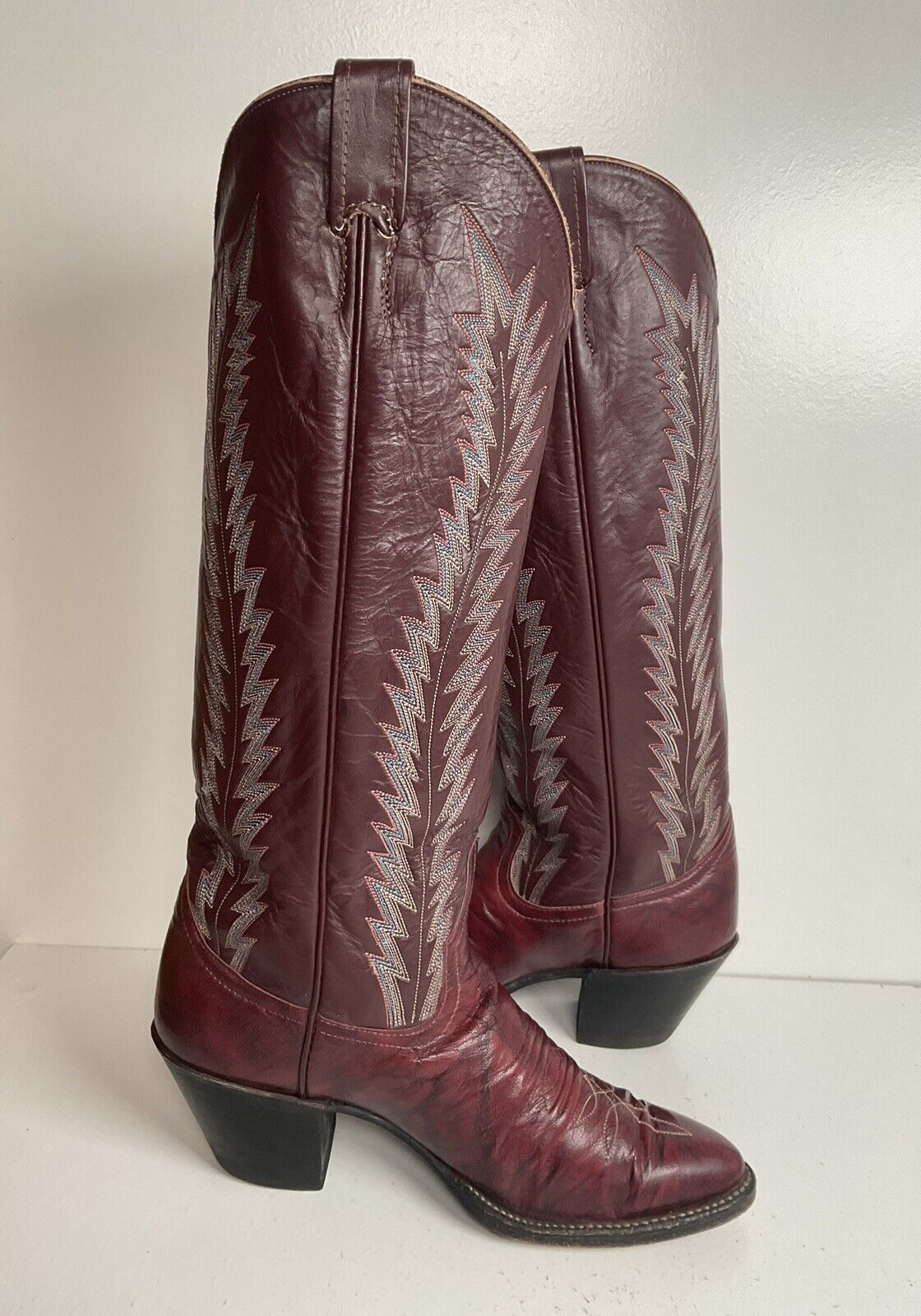 Vintage Larry Mahan 17” Tall Cowgirl Boots 8 B Burgundy Leather