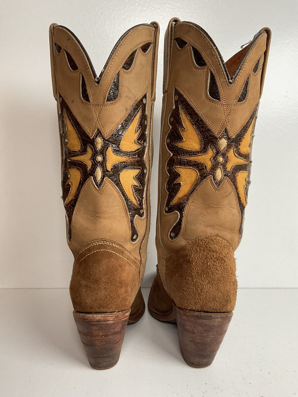 Vintage Miss Capezio Butterfly Boots 7.5 M Tooled Inlay Brown Nubuck Suede