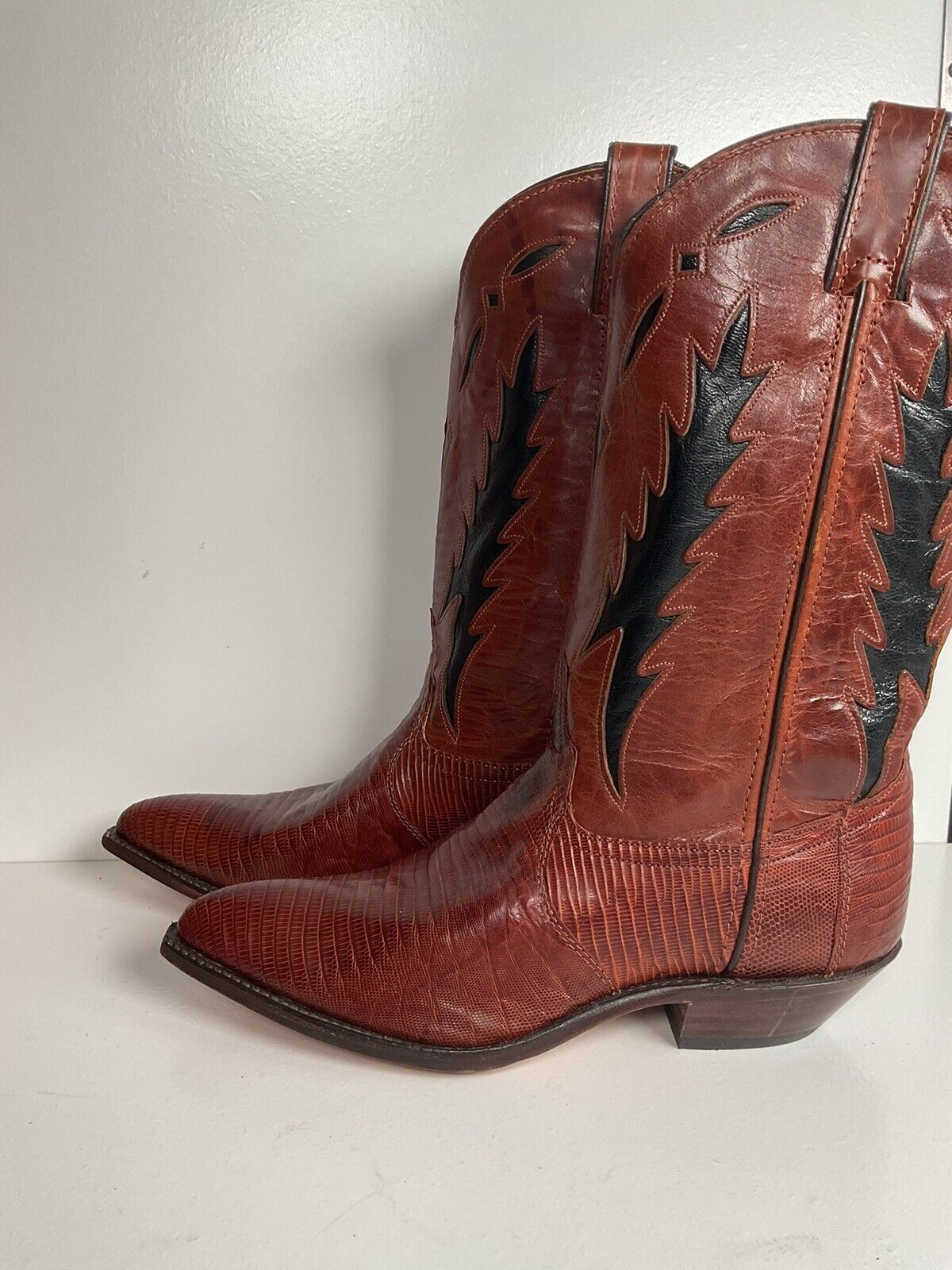 Vintage Code West For Dan Post Inlay Cowgirl Boots 9 M Lizard Vamp USA Made