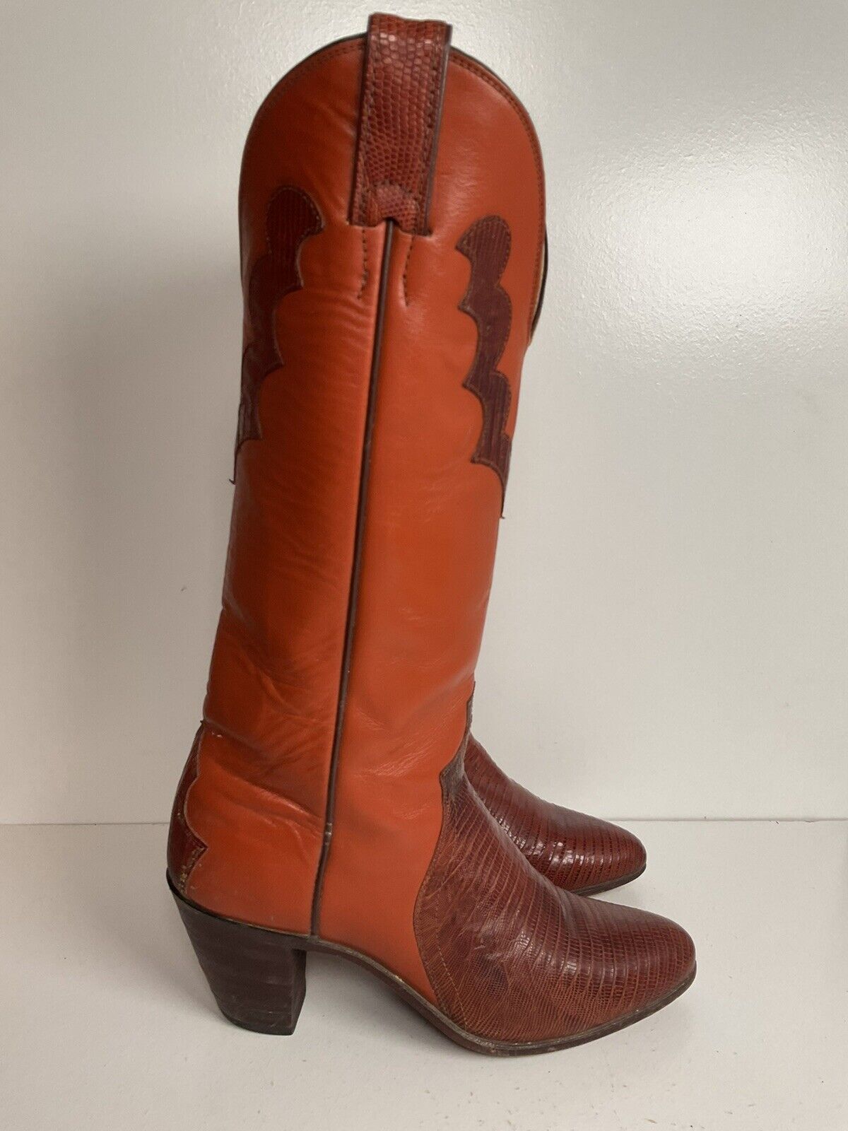 Vintage Justin 16” Tall Orange Cowgirl Boots 6.5 B Triad Tooled Lizard Overlay