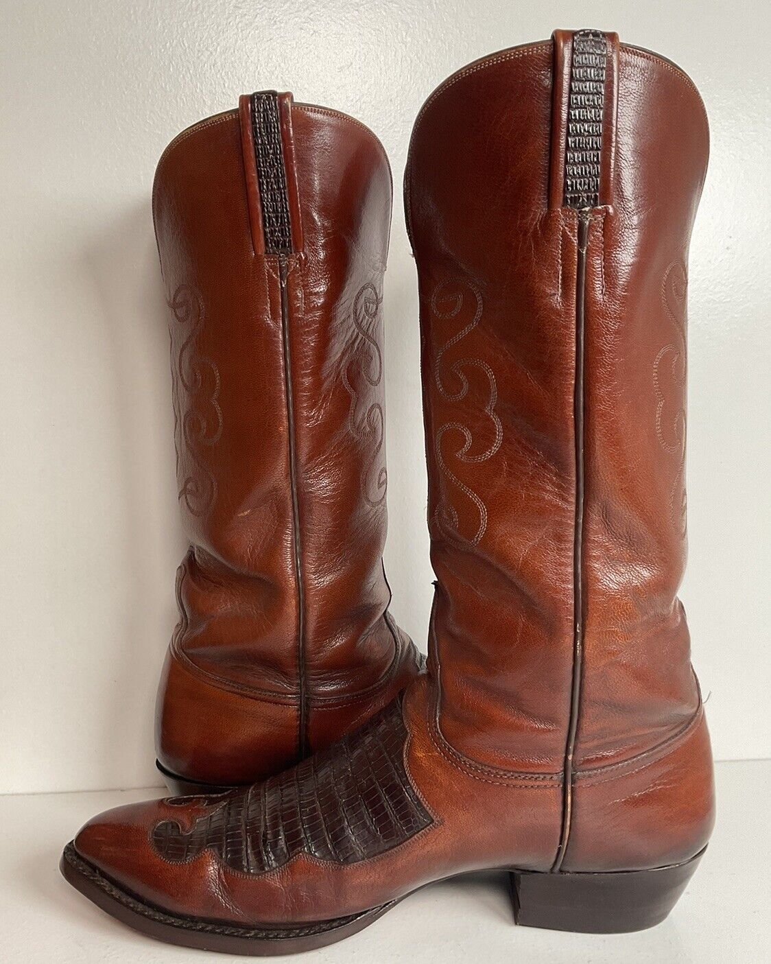 Vintage Lucchese Lizard Inlay Cowboy Boots 8.5 D USA Made New Soles