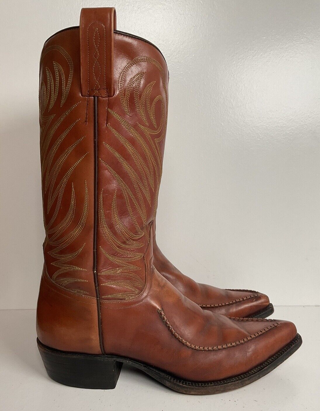 Vintage Dan Post Whip Stitch Cowboy Boots 9 D Made In Spain Stove Pipe