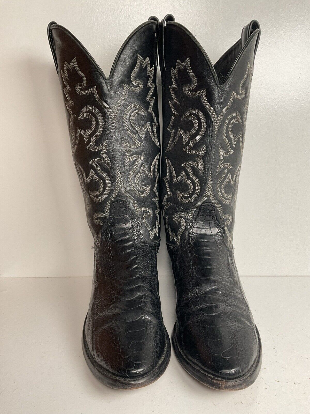 Vintage J Chisholm Exotic Ostrich Leg Cowboy Boots 9 D Classic Black USA Made