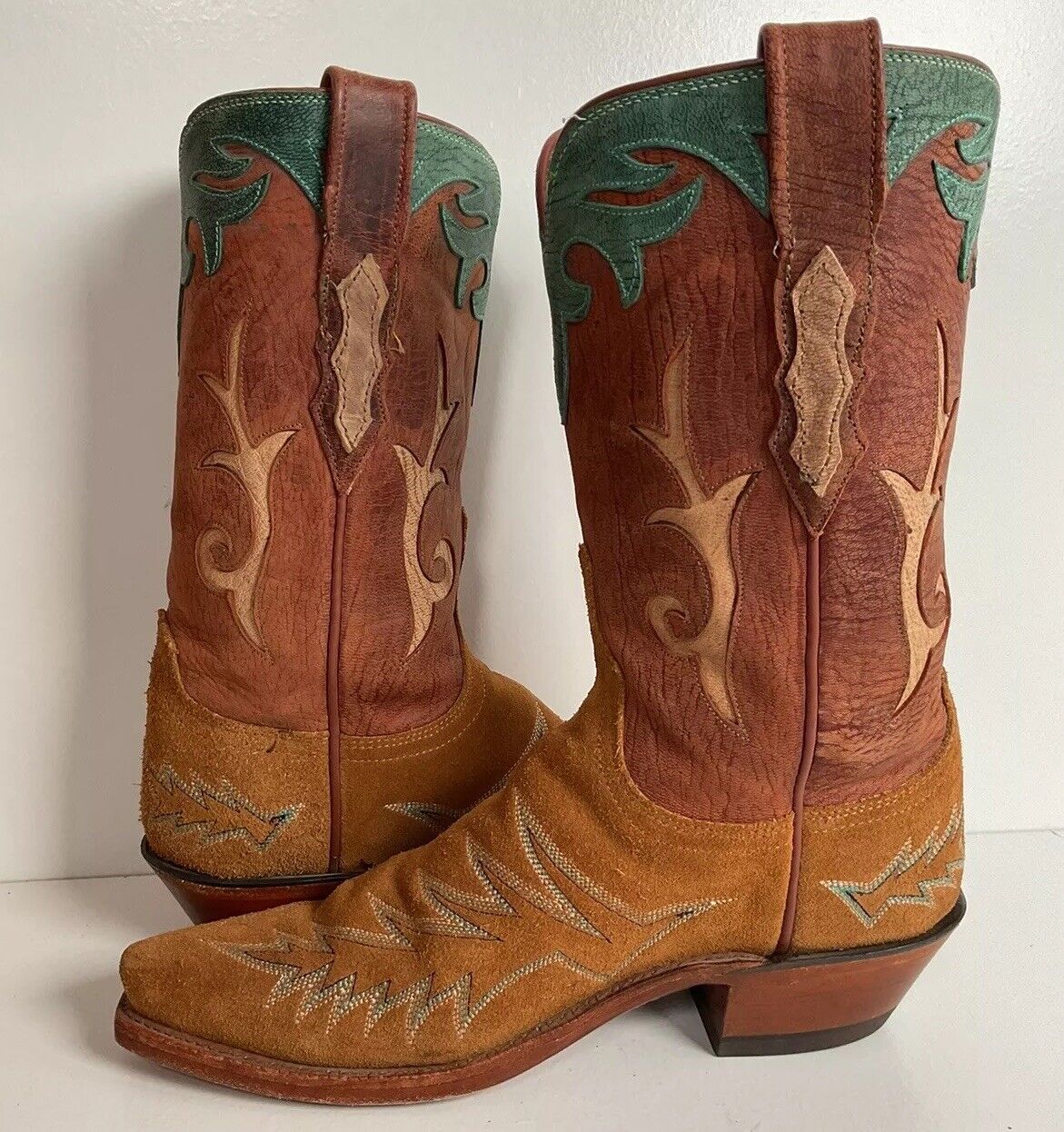 Lucchese 1883 Rough Out Suede Cowgirl Boots 6.5 B USA Tooled Inlay, Overlay