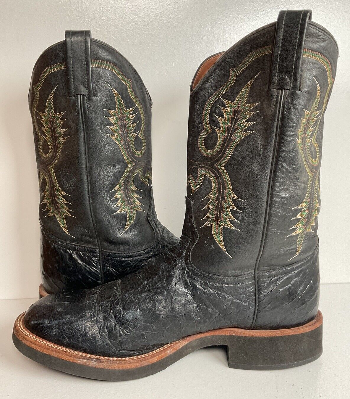 Tony Lama Ostrich Crepe Roper Boots 10 D Western Work Wear Black Exotic