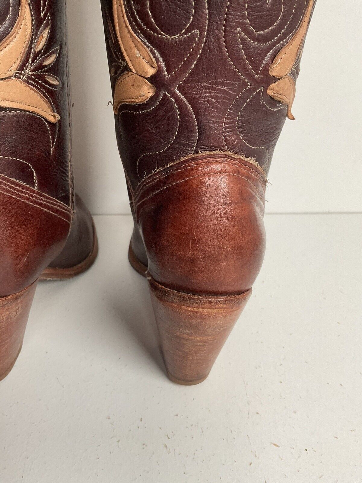 Vintage Dingo Acme 14” Brown Floral Cowgirl Boots 6 M Tooled Tulip Overlay