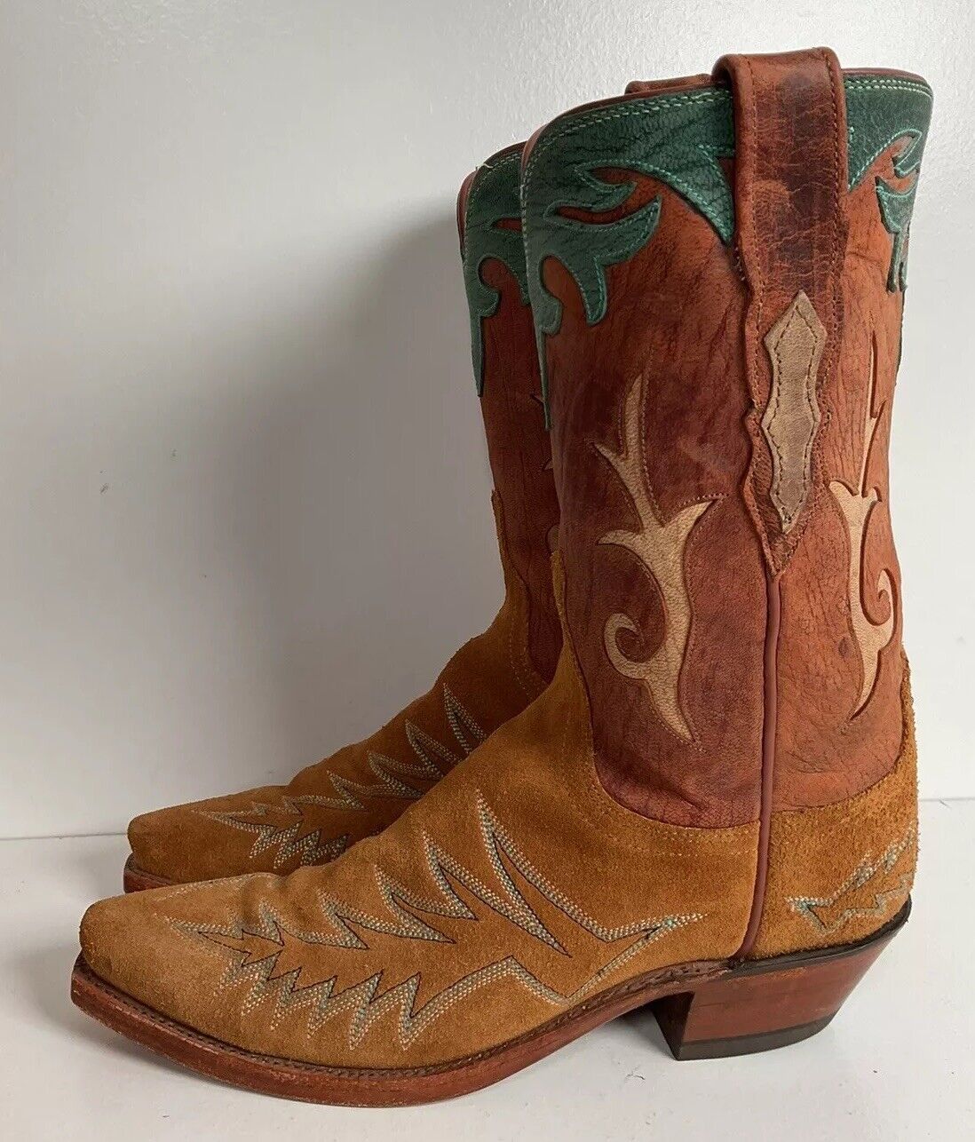 Lucchese 1883 Rough Out Suede Cowgirl Boots 6.5 B USA Tooled Inlay, Overlay