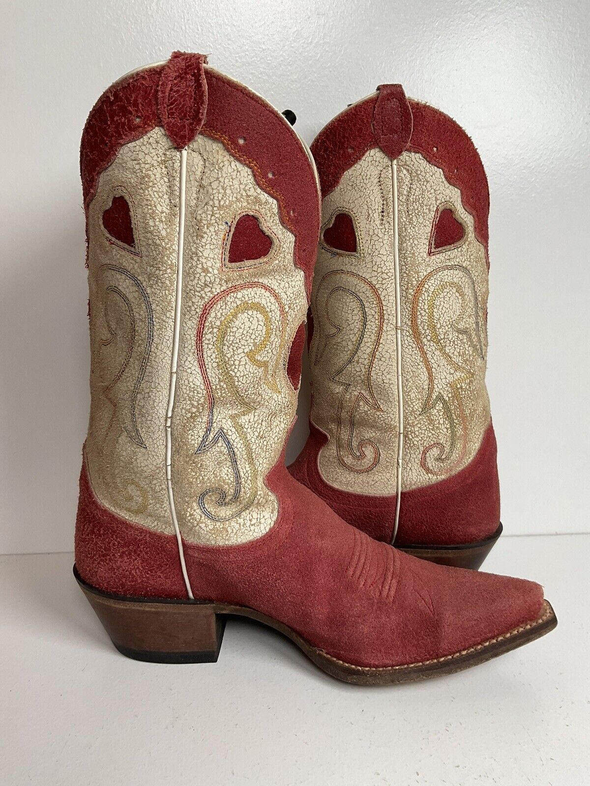 Justin Vintage Collection Cowgirl Boots 7 B Tooled Heart Inlay Crystal Suede