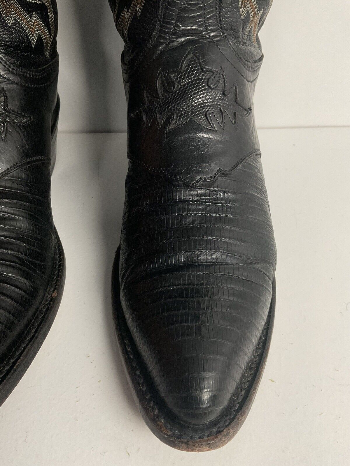 Lucchese 1883 Black Leather Cowgirl Boots 10 B Tooled Lizard Inlay