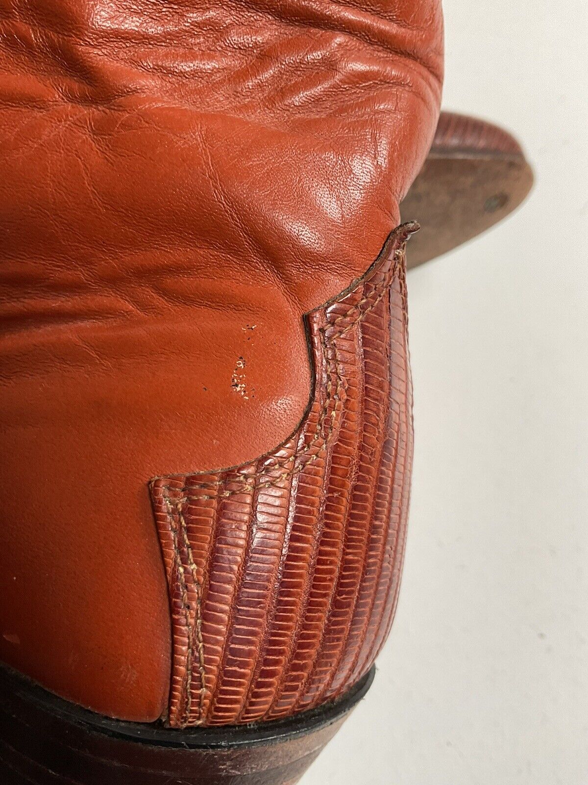 Vintage Justin 16” Tall Orange Cowgirl Boots 6.5 B Triad Tooled Lizard Overlay