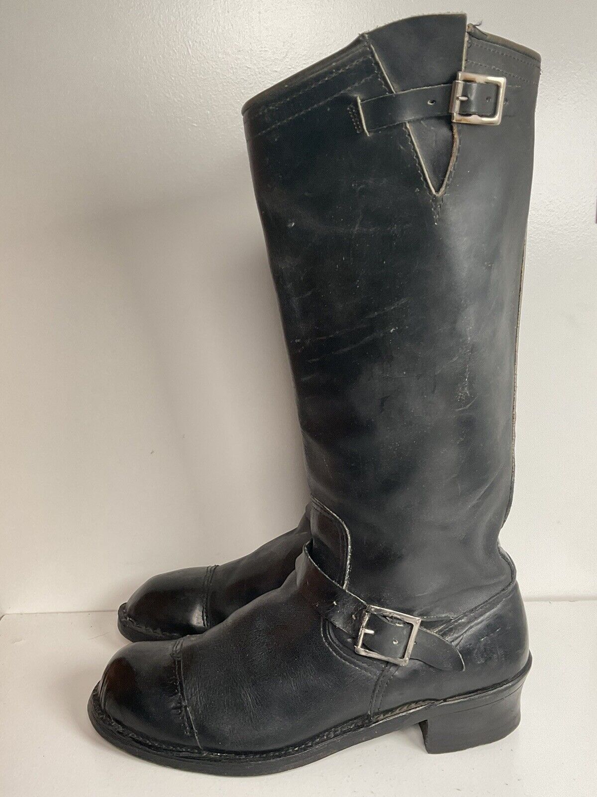 Vintage Sears 18” Tall Harness Engineer Boots 12 Black Leather Old Label 40s 50s