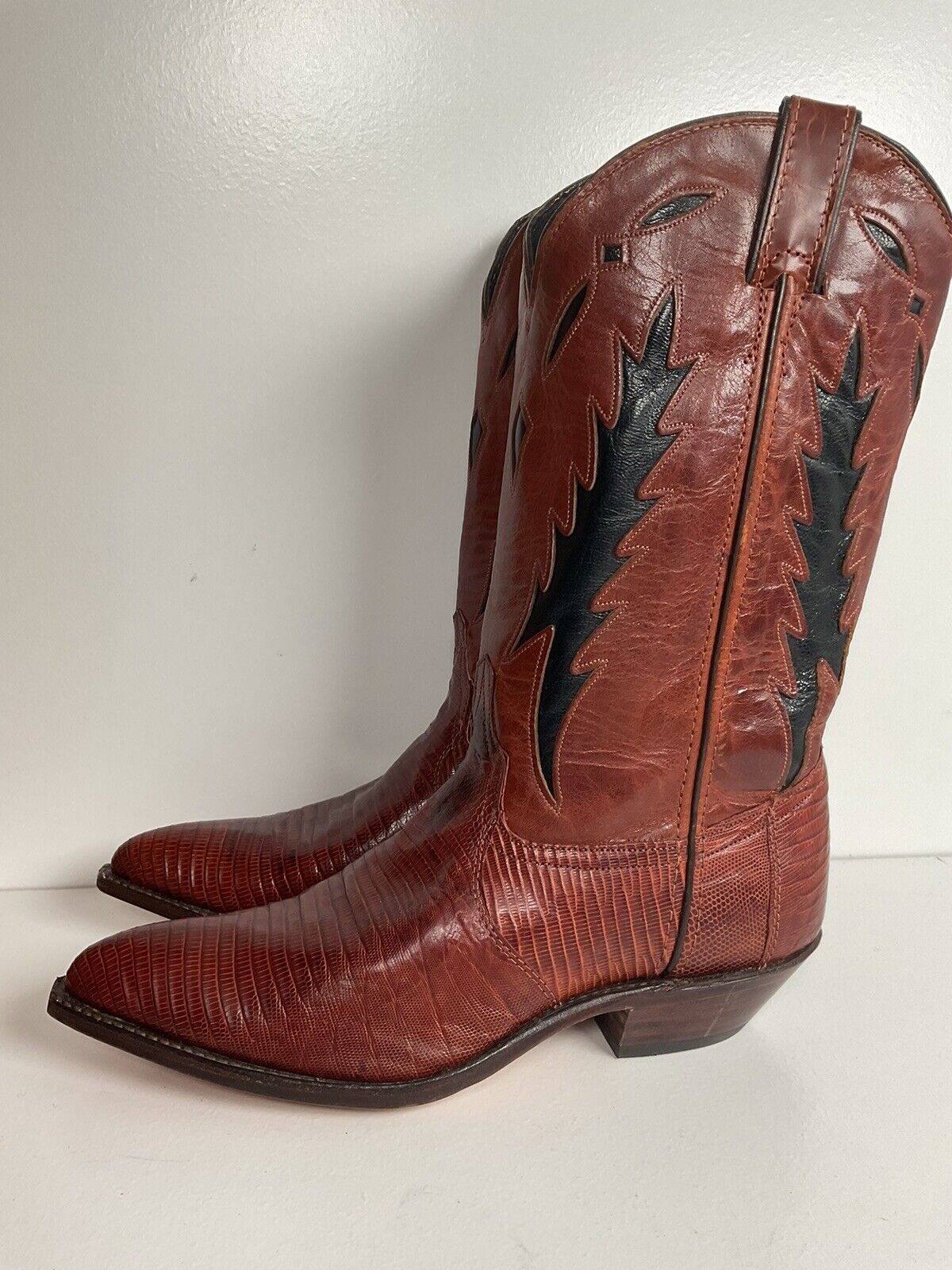 Vintage Code West For Dan Post Inlay Cowgirl Boots 9 M Lizard Vamp USA Made