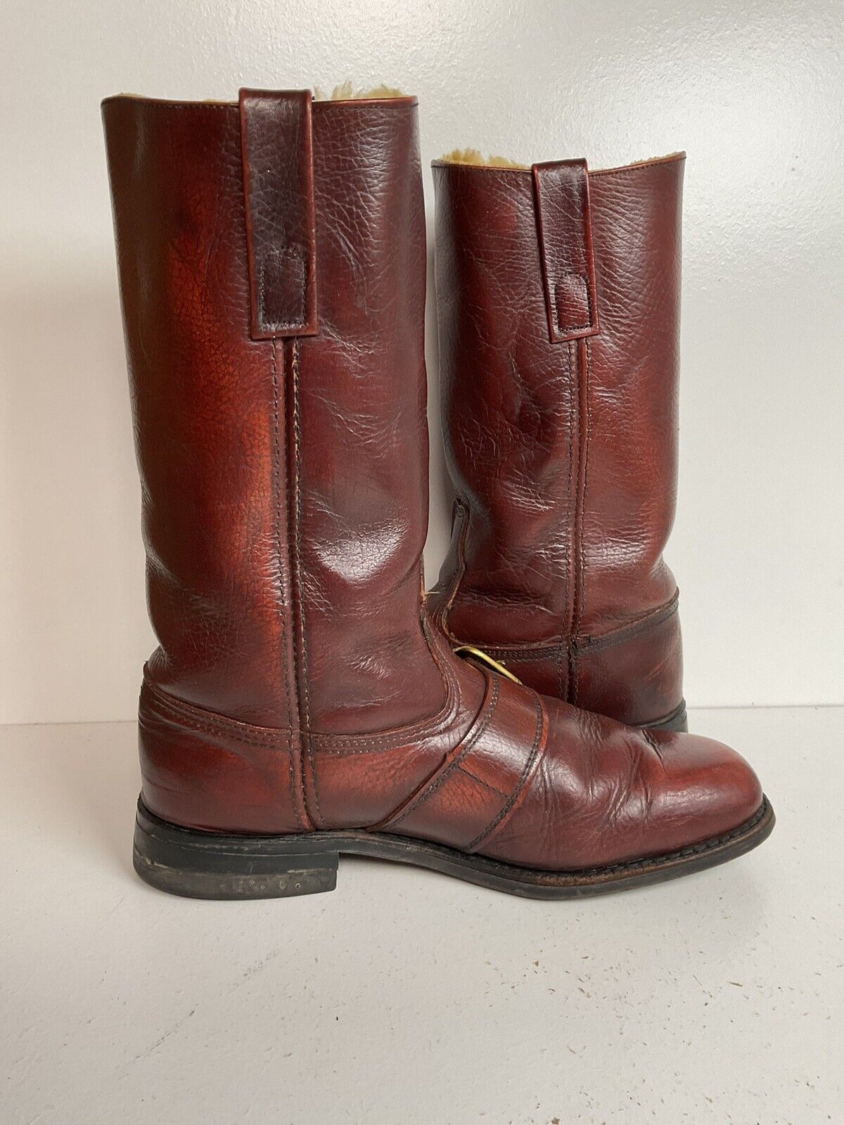 Vintage Acme Faux Fur Lined Engineer Boots 8 D Buckle Winter Insulated 60s 70s