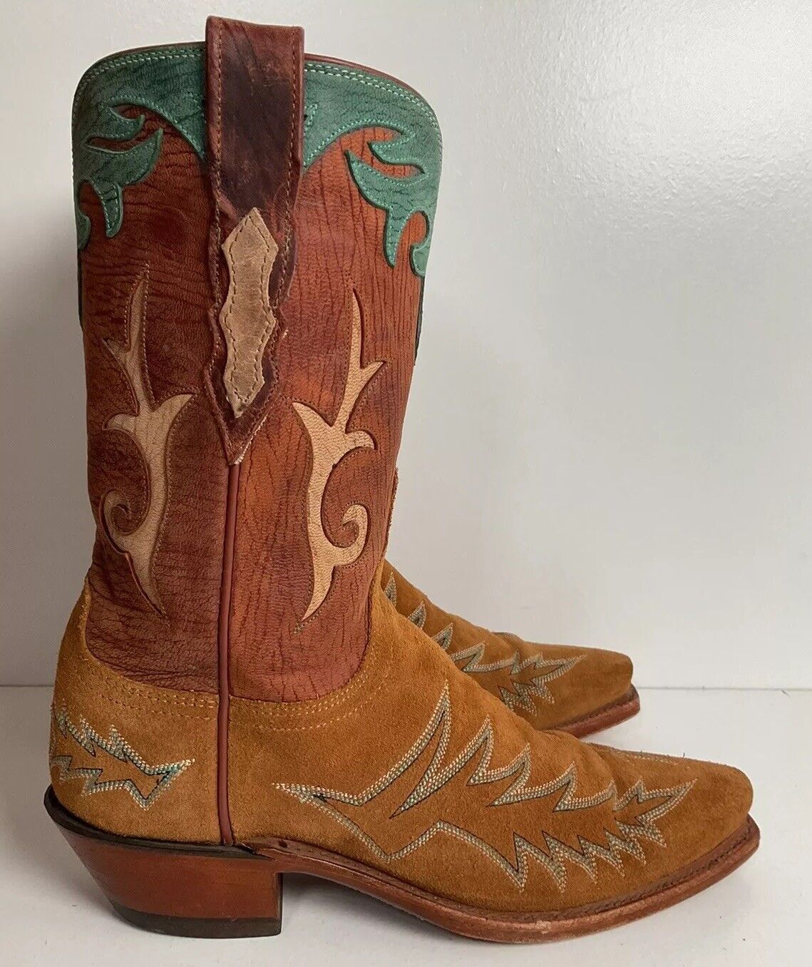 Lucchese 1883 Rough Out Suede Cowgirl Boots 6.5 B USA Tooled Inlay, Overlay