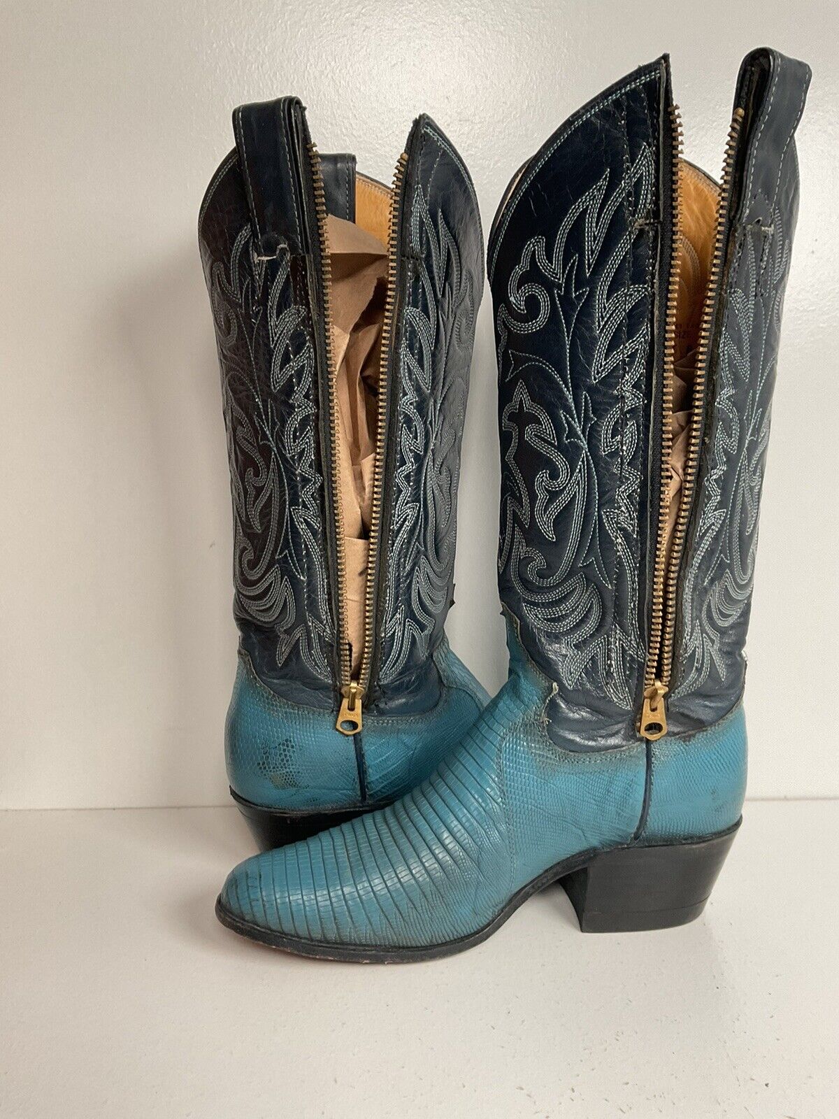 Vintage Justin Turquoise Cowgirl Boots 5 B Zipper Teju Lizard Vamp