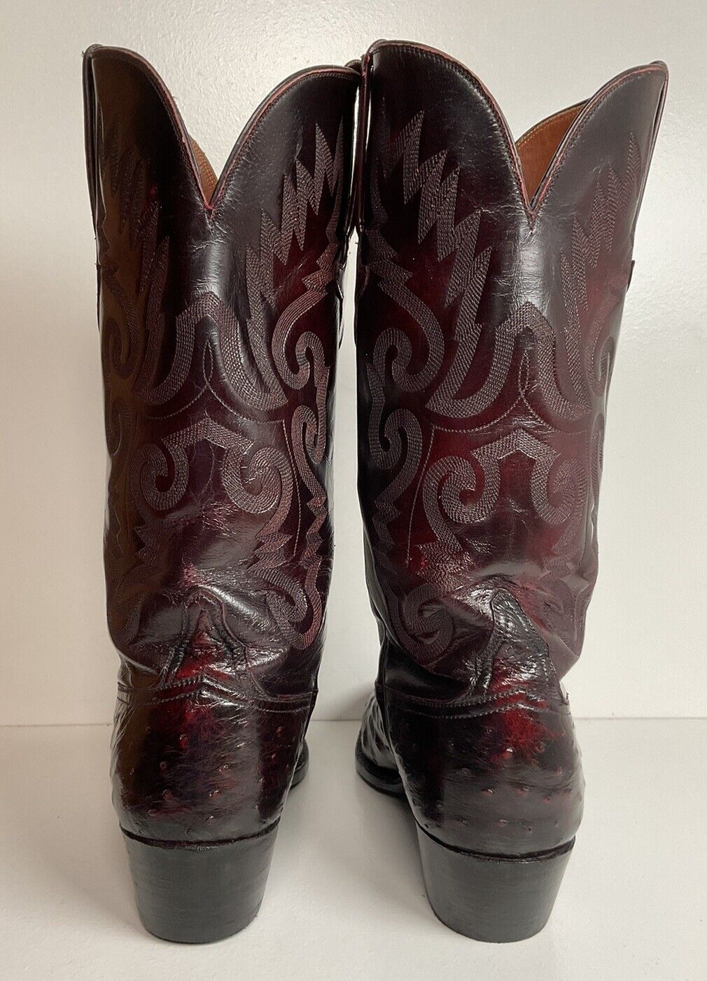 Vintage Lucchese Black Cherry Ostrich Quill Cowboy Boots 9 EE Exotic New Soles