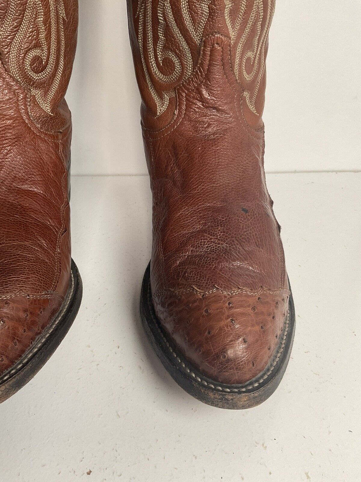 Vintage Tony Lama Smooth Ostrich Wingtip Cowboy Boots 9.5 D White Label