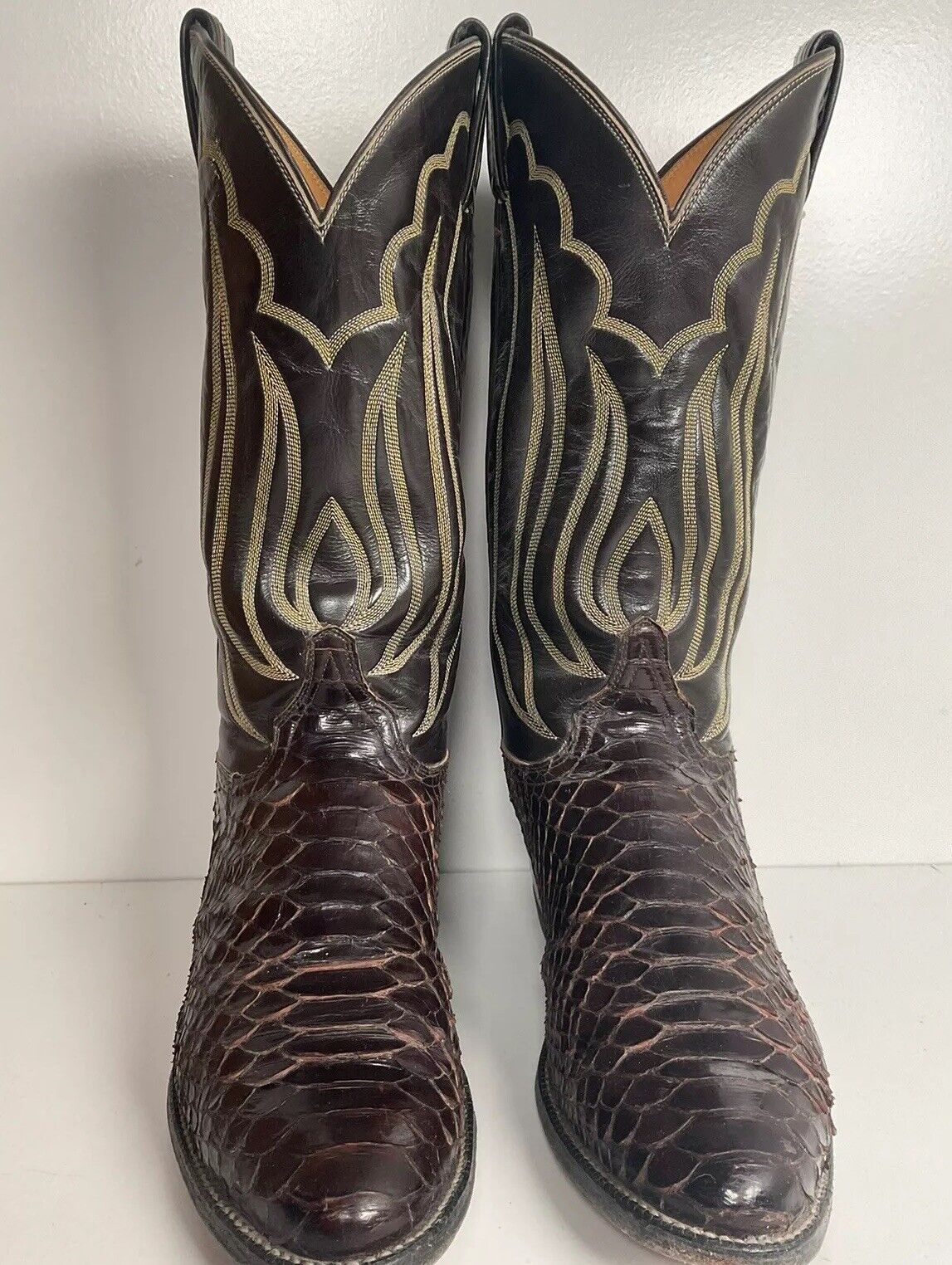 Vintage Tony Lama Back Cut Python Cowboy Boots 8.5 D Dark Brown Snakeskin