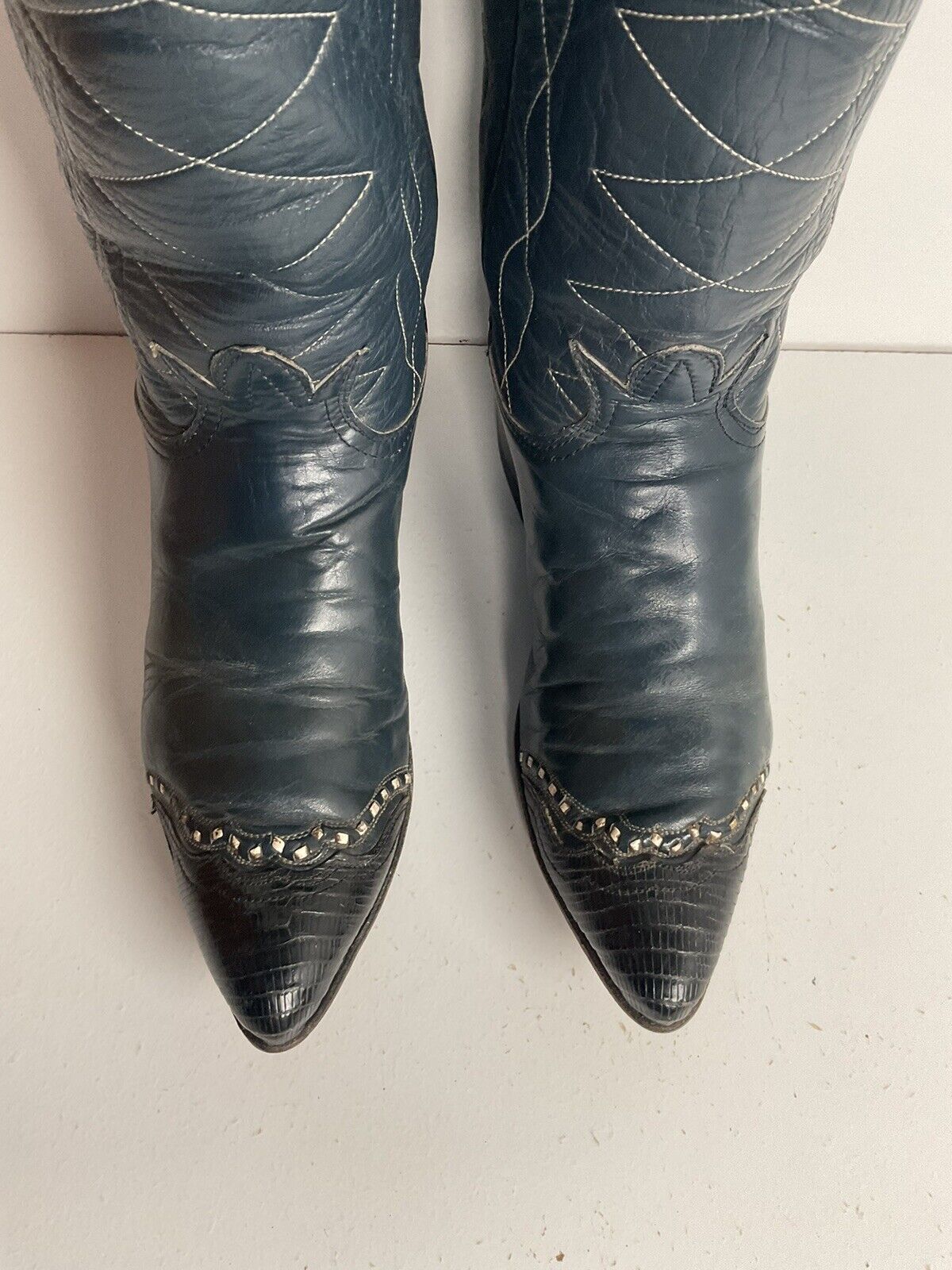 Vintage Tony Lama Navy Blue Cowgirl Boots 5.5 B Black Label Lizard Wingtip