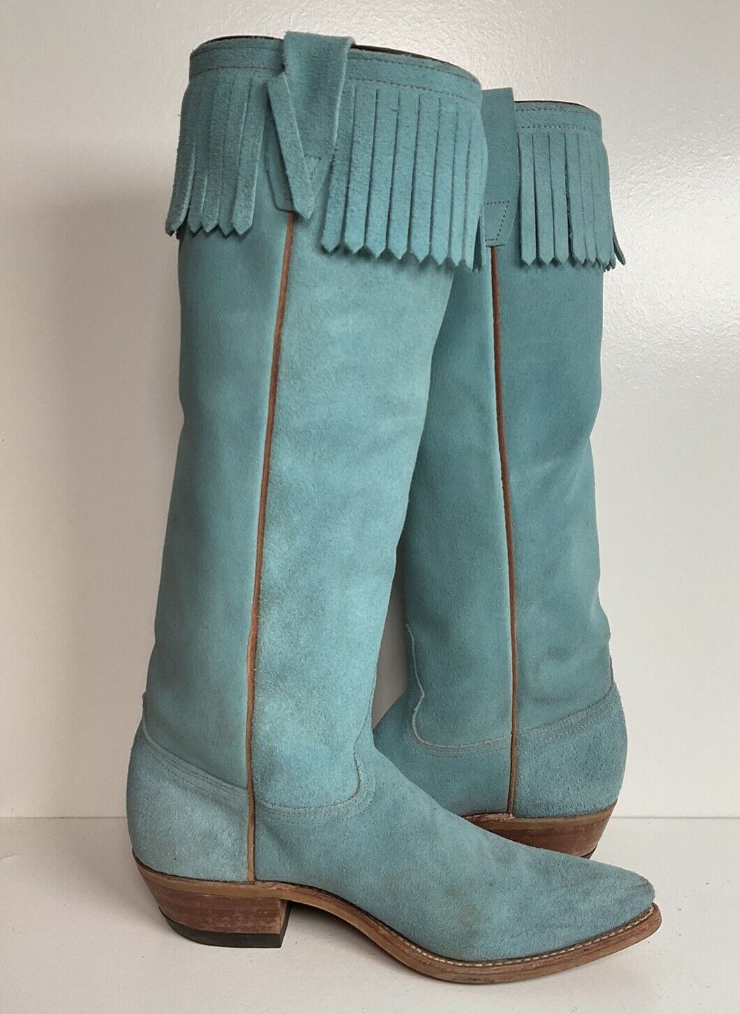 Vintage Wrangler 16.5” Rough Out Suede Cowgirl Boots 6.5 M Fringe Powder Blue