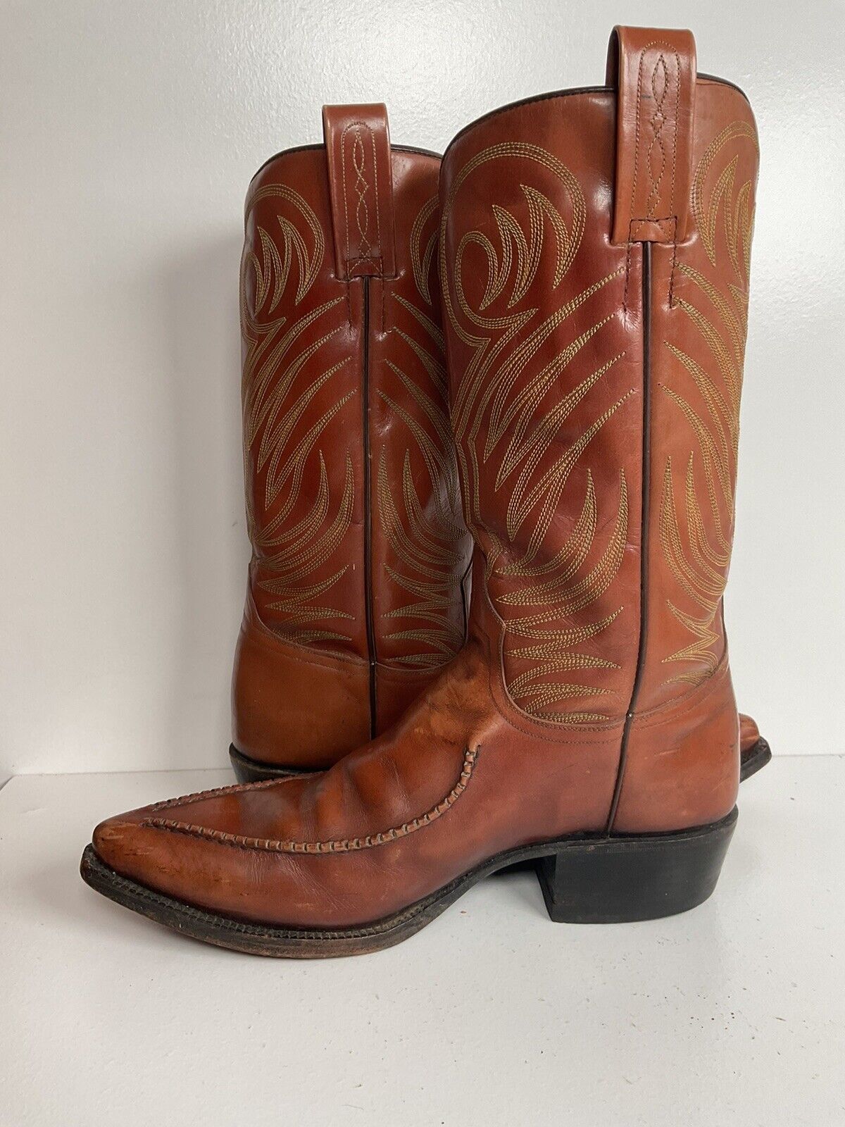 Vintage Dan Post Whip Stitch Cowboy Boots 9 D Made In Spain Stove Pipe