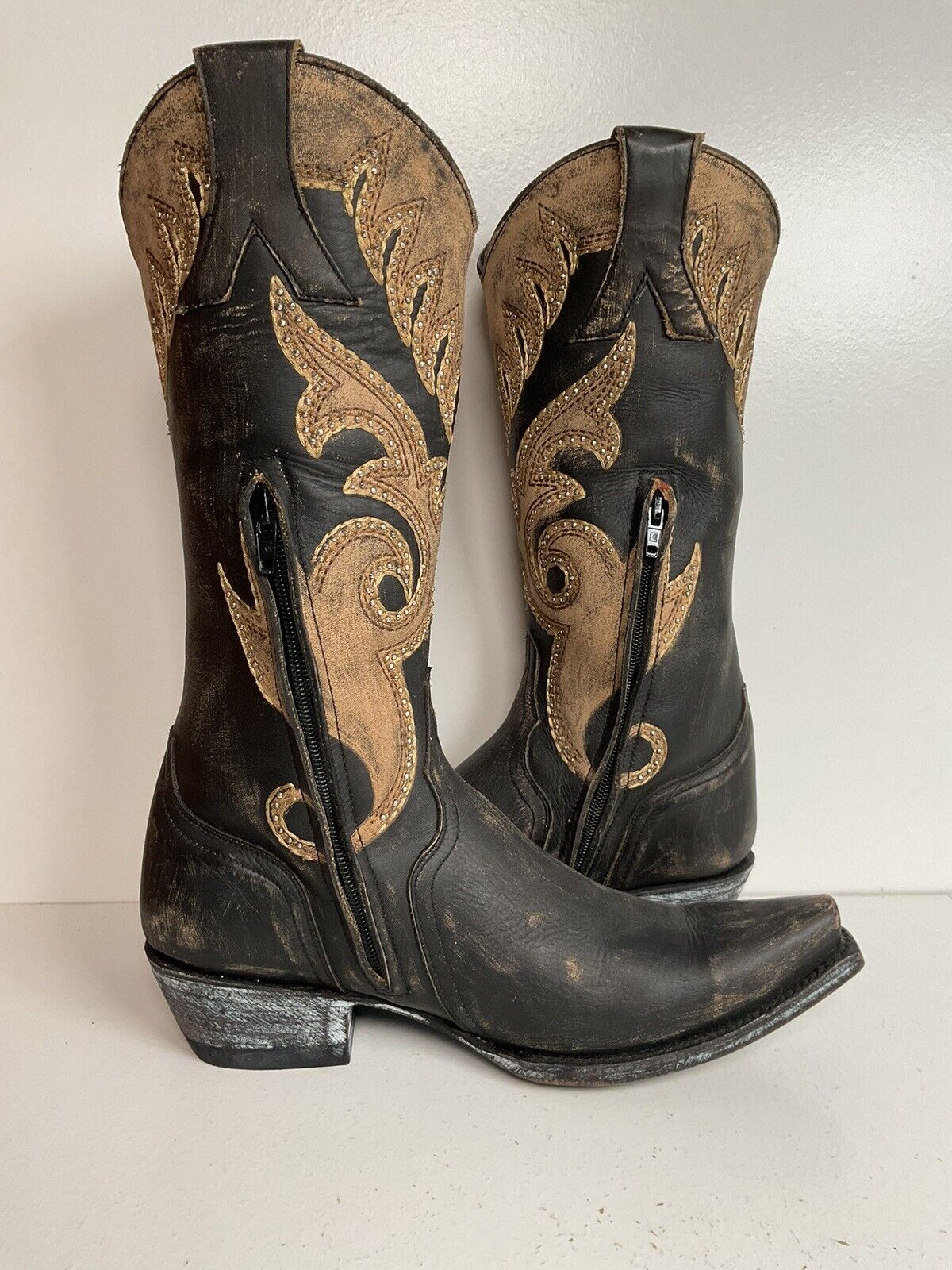 Old Gringo Western Zipper Boots 8 B Cowgirl Tooled Overlay