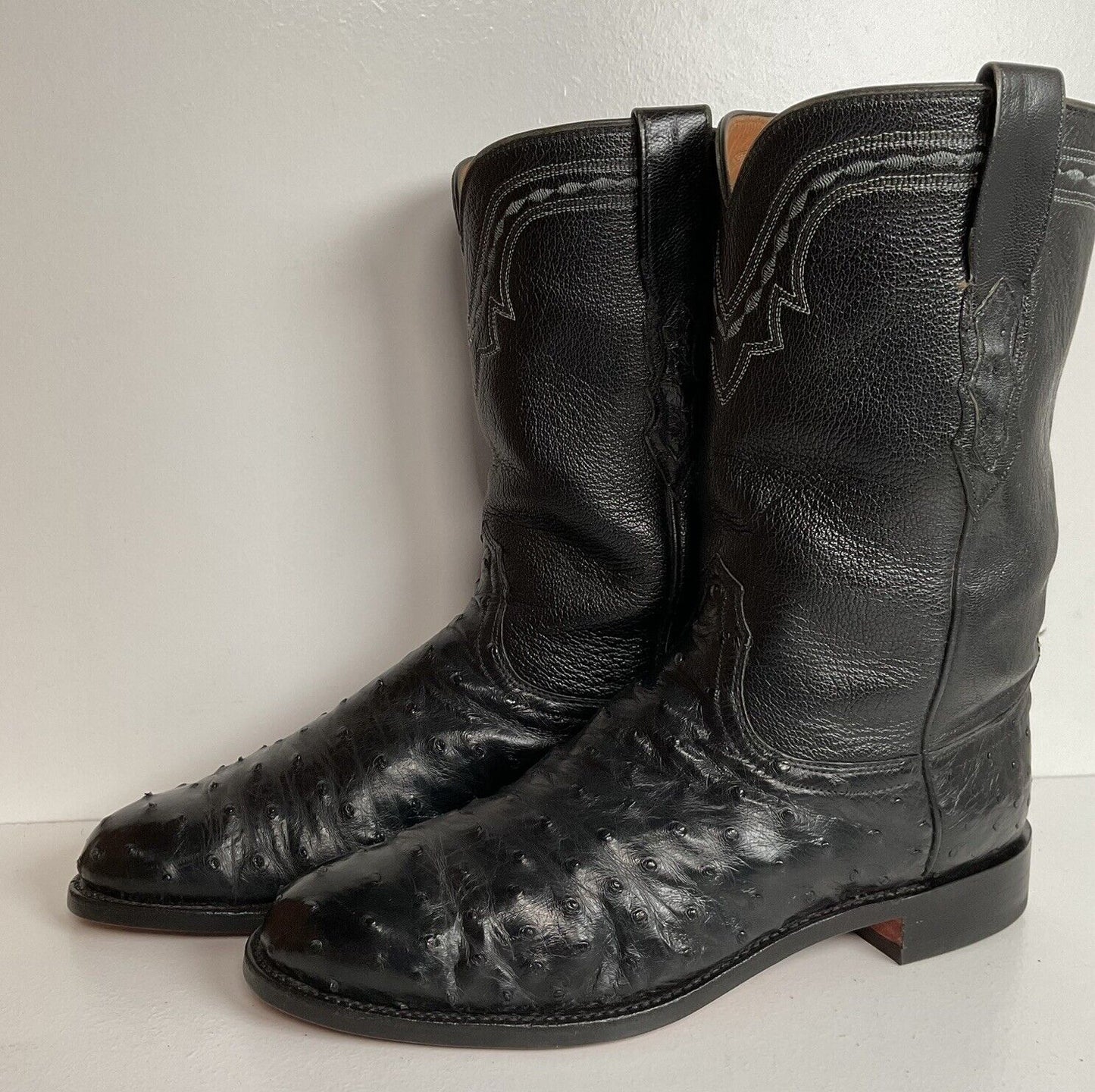 Lucchese 2000 Black Ostrich Quill Roper Boots 9 D Exotic Resoled