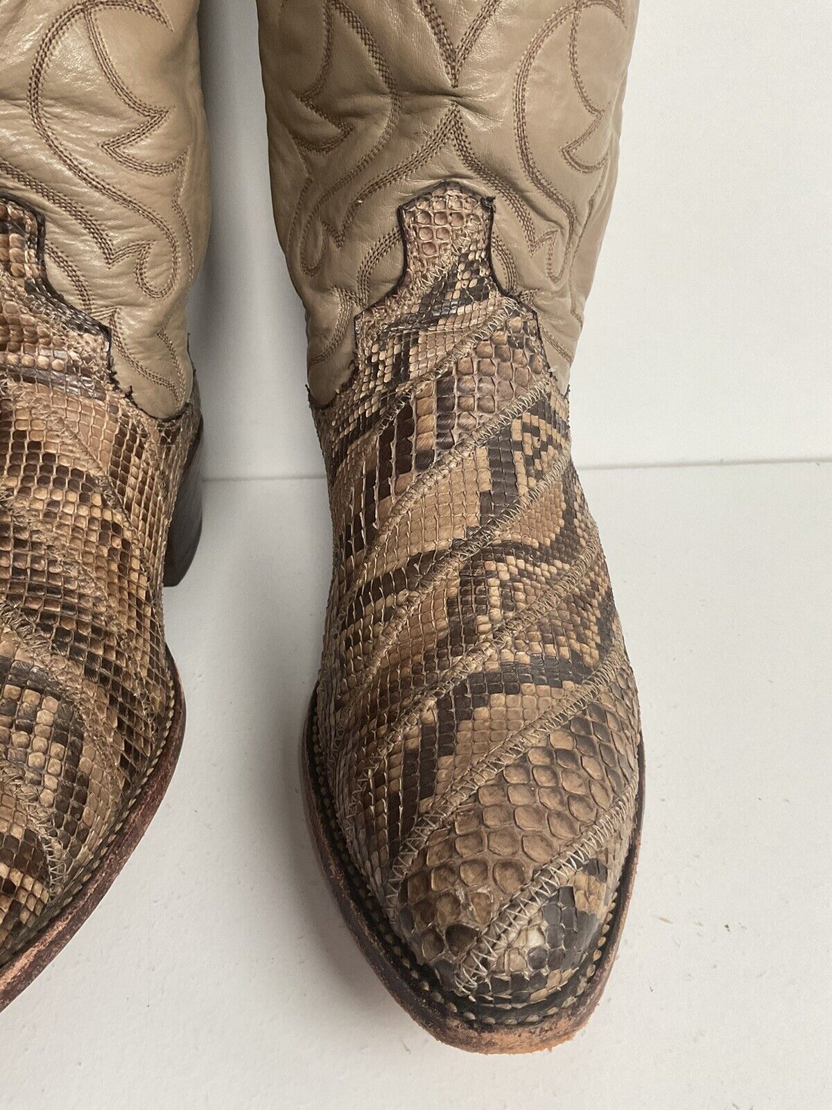 Vintage Dan Post Front Cut Python Snakeskin Cowboy Boots 10 D Patchwork USA Made