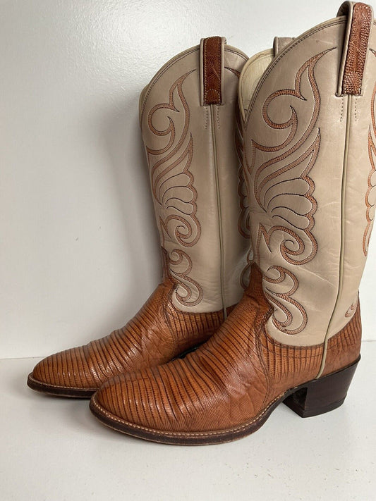 Vintage Dan Post Teju Lizard Cowboy Boots 8 D USA Old Label Crème Upper