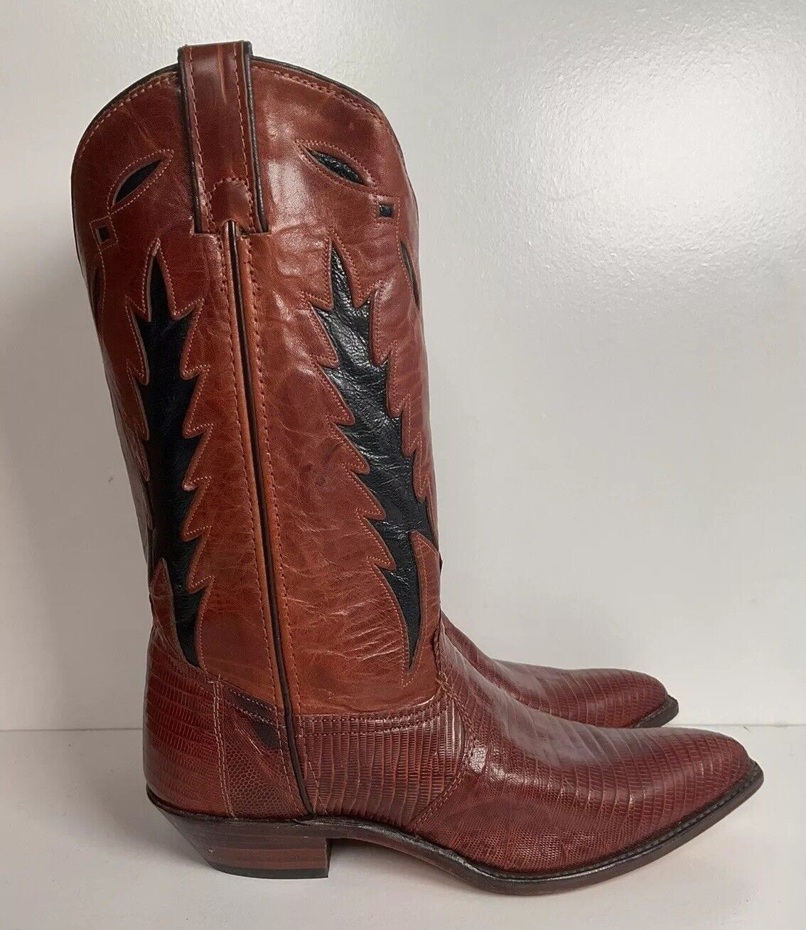 Vintage Code West For Dan Post Inlay Cowgirl Boots 9 M Lizard Vamp USA Made