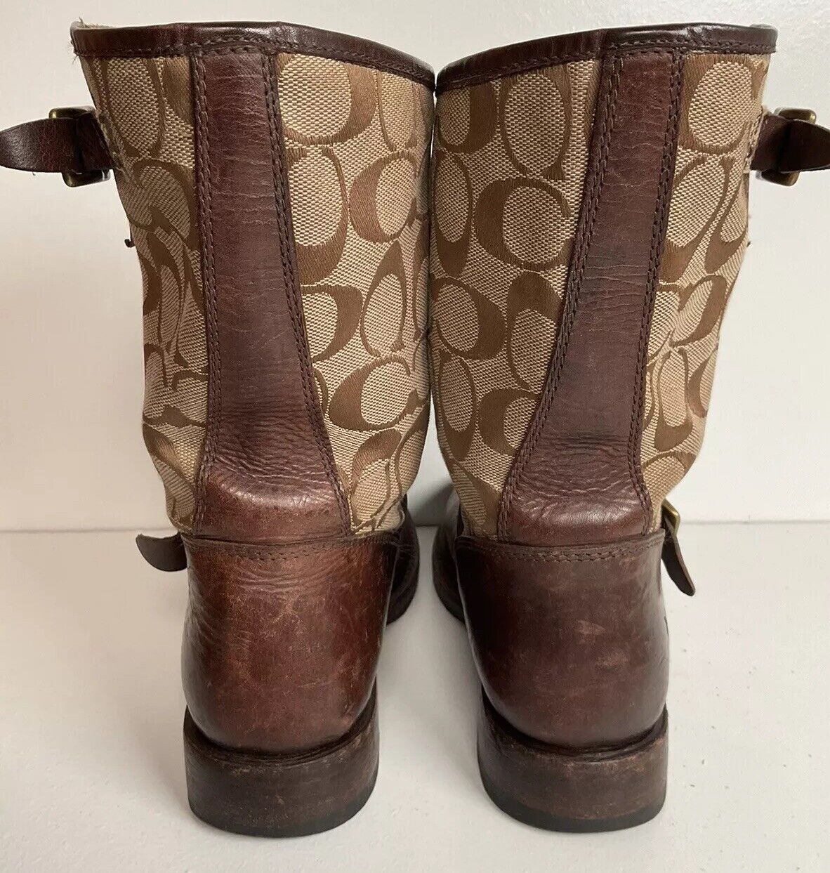 Frye for Coach Veronica Monogram Engineer Boots 8 B Canvas Harness