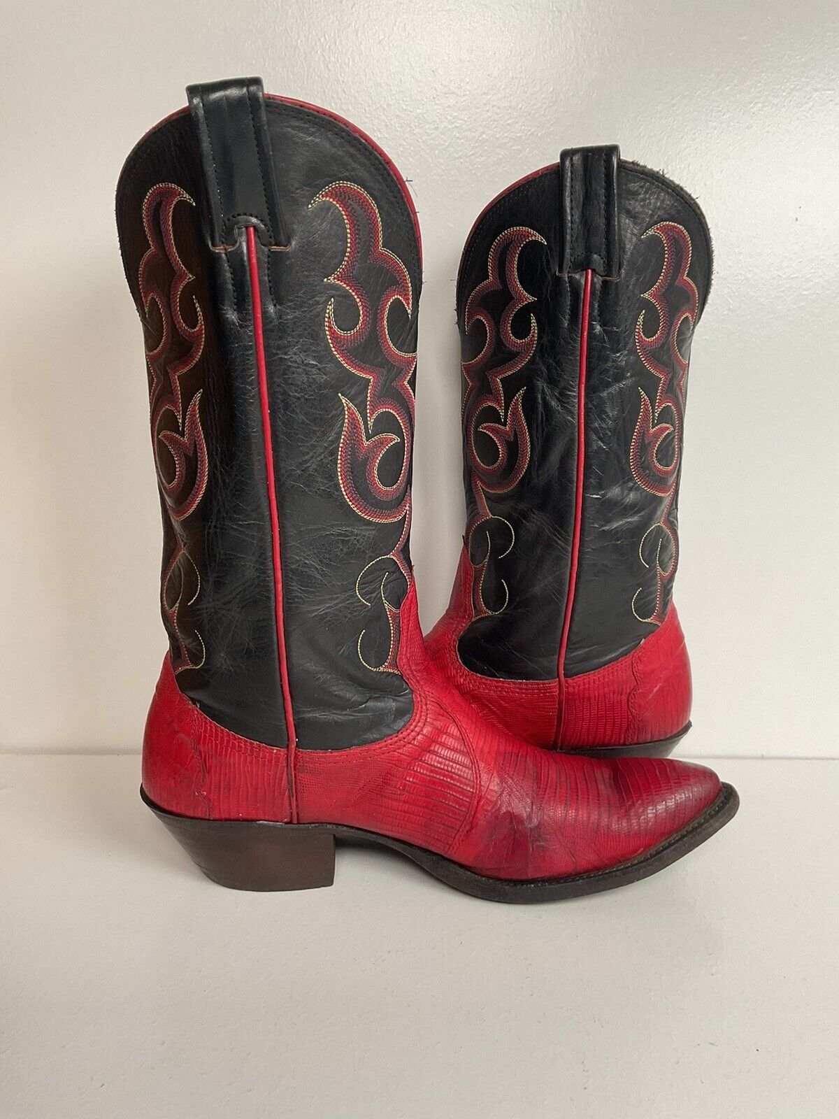 Vintage Nocona Cherry Red Cowgirl Boots 8 B Teju Lizard Vamp USA Made