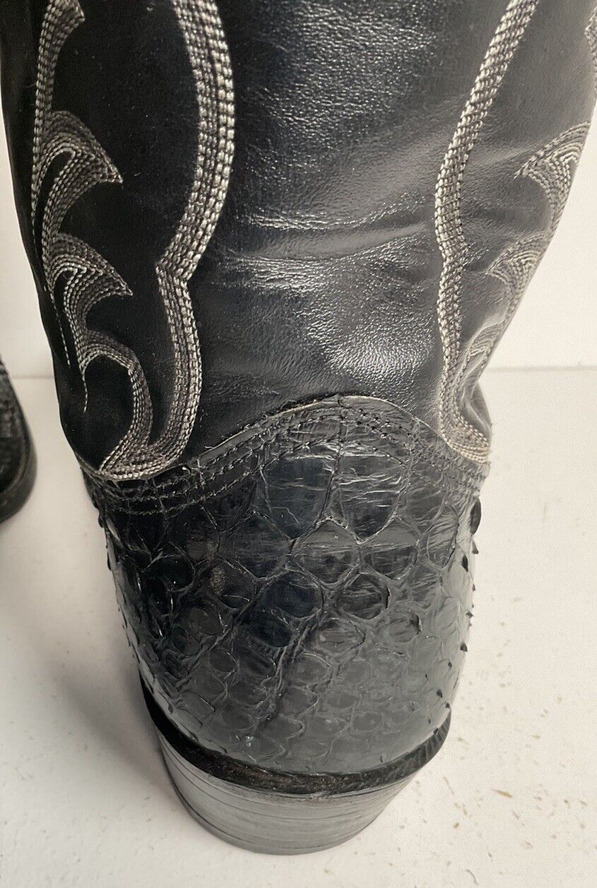 Vintage Nocona Black Boa Snakeskin Cowboy Boots 9 D Old Black Label Back Cut