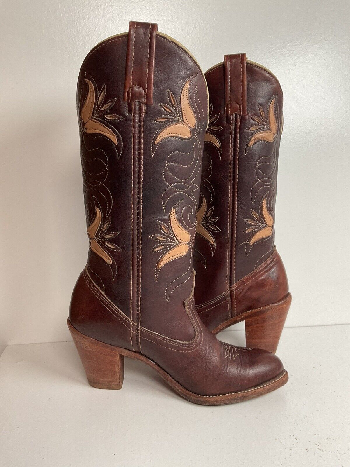 Vintage Dingo Acme 14” Brown Floral Cowgirl Boots 6 M Tooled Tulip Overlay