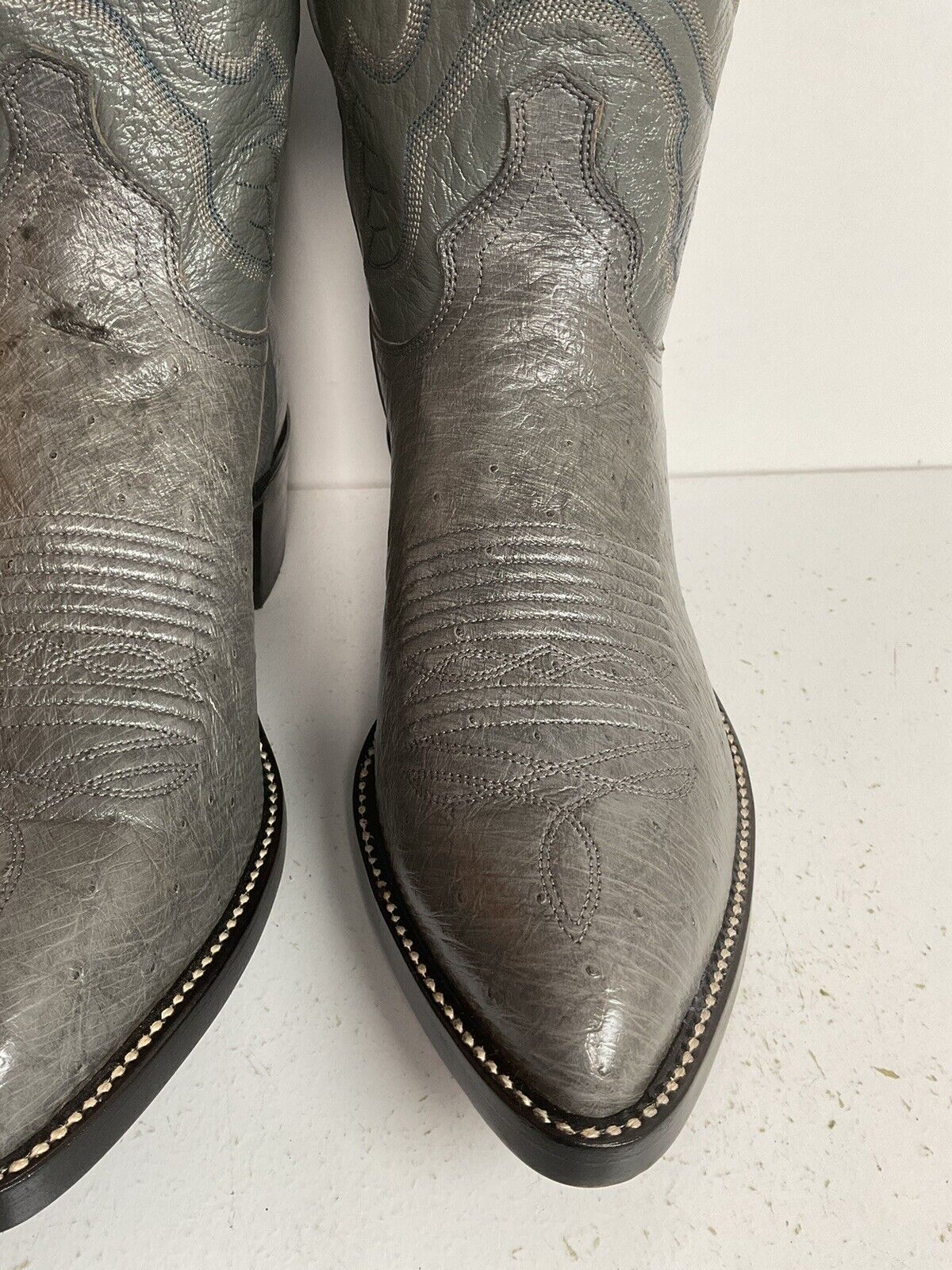 Vintage J. Chisholm Grey Smooth Ostrich Cowboy Boots 7.5 D New Old Stock Exotic