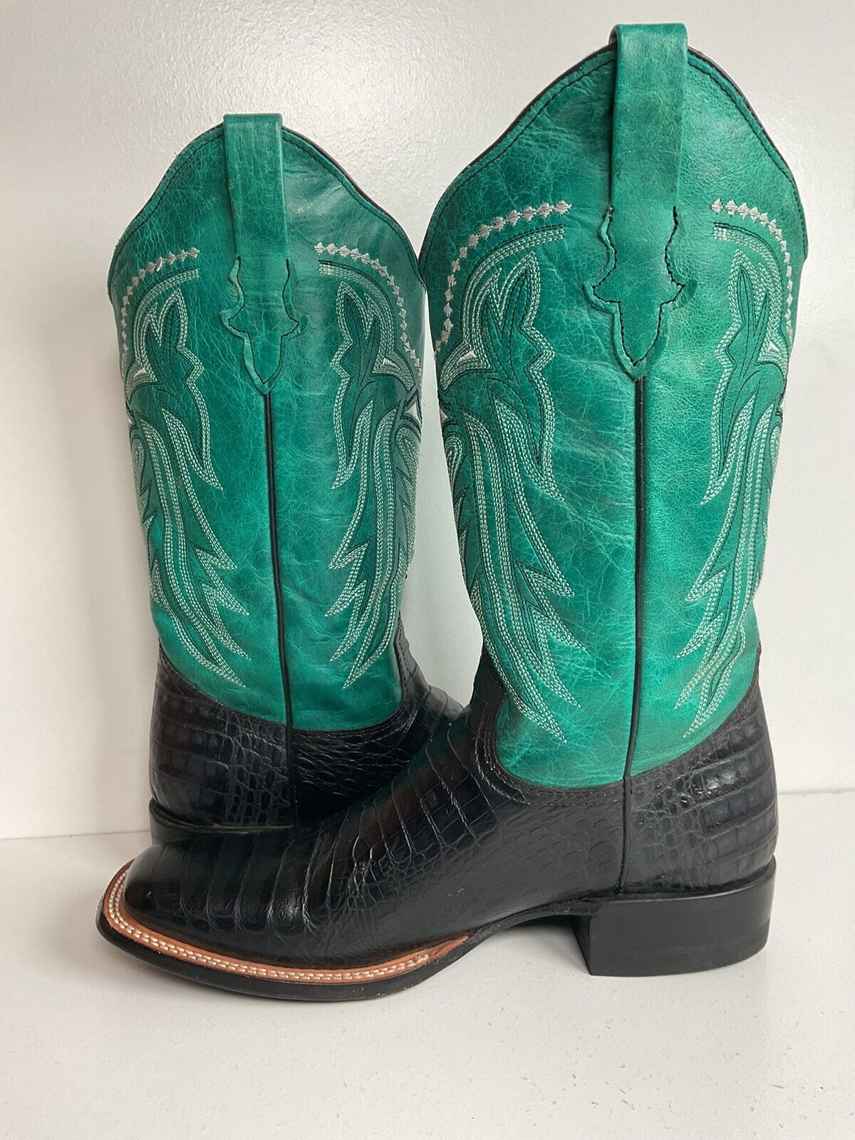 Roper Brand Exotic Caiman Crocodile Print Cowboy Boots 10.5 Turquoise