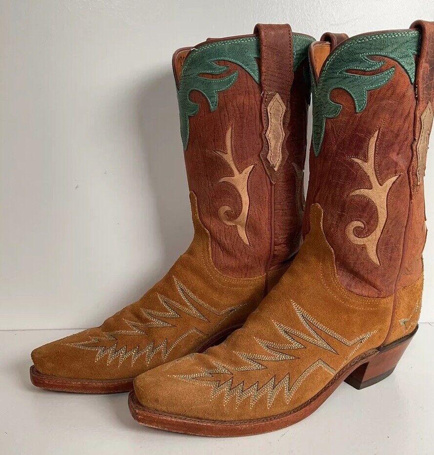 Lucchese 1883 Rough Out Suede Cowgirl Boots 6.5 B USA Tooled Inlay, Overlay