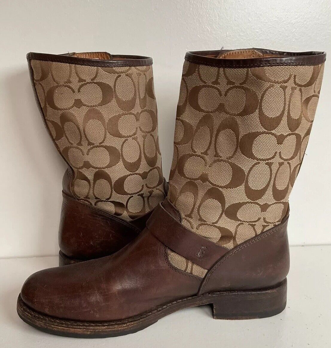 Frye for Coach Veronica Monogram Engineer Boots 8 B Canvas Harness