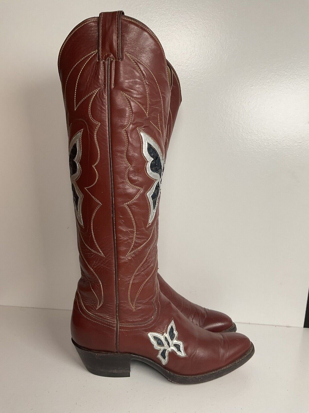 Vintage Justin 18” Butterfly Cowgirl Boots 5.5 C Snakeskin Inlay 70s