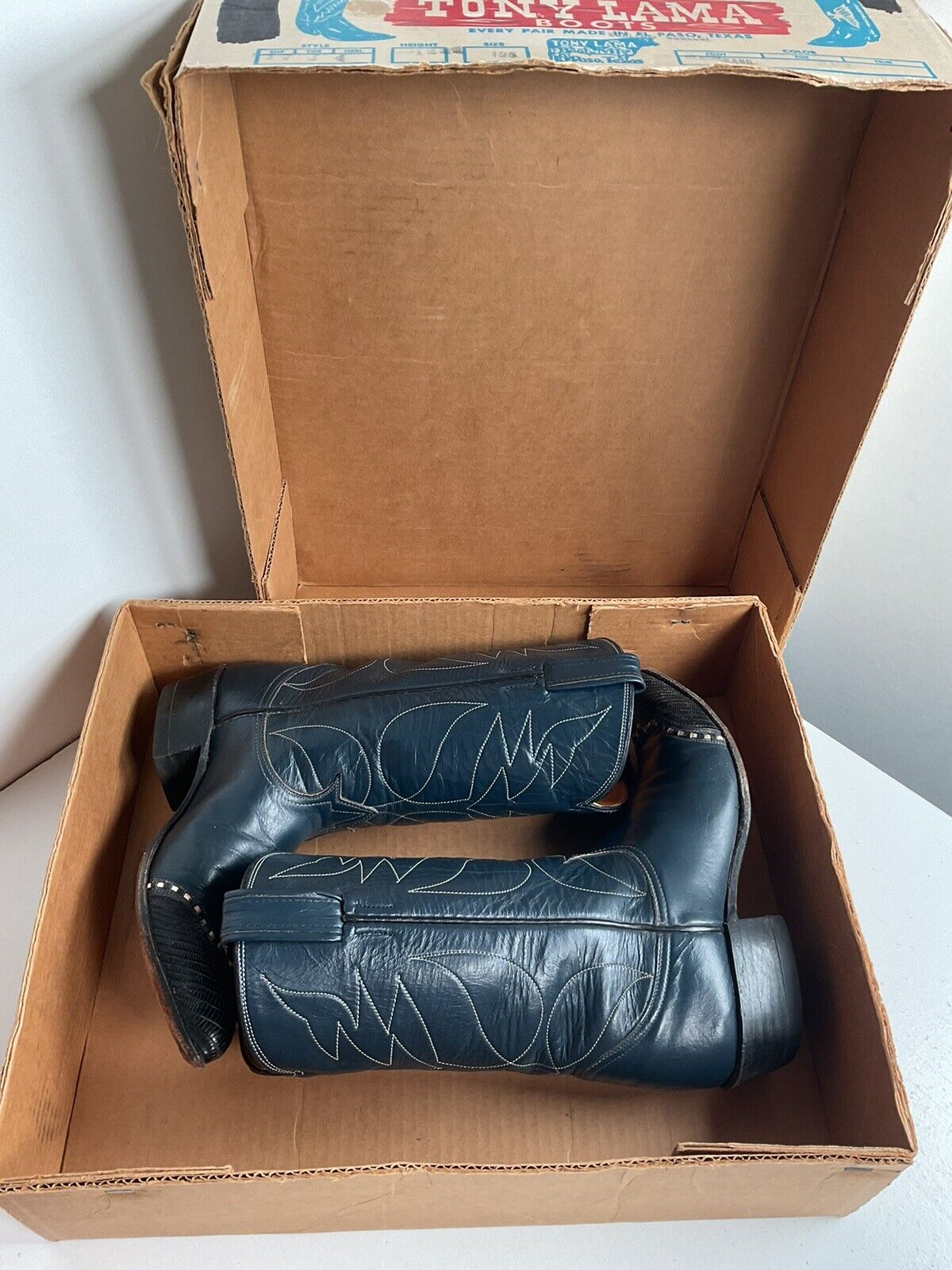 Vintage Tony Lama Navy Blue Cowgirl Boots 6 A W/Box Lizard Wingtip