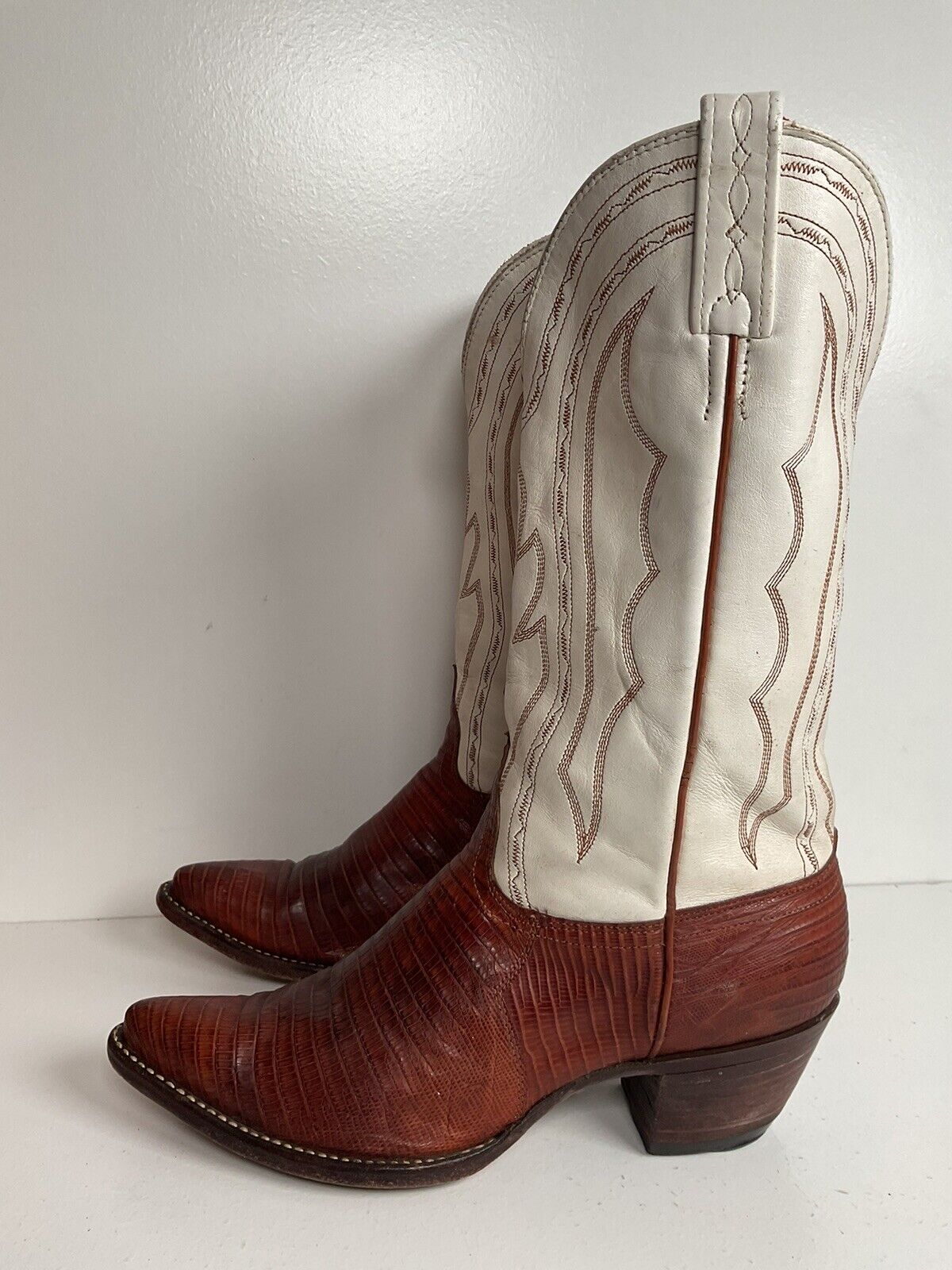 Vintage J Chisholm White Cowgirl Boots 7.5 M Teju Lizard