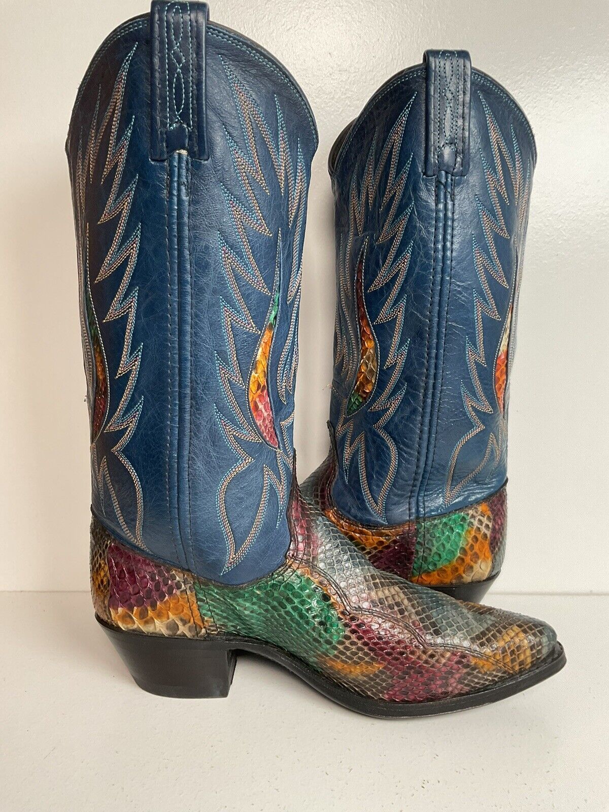 Vintage Dan Post Rainbow Python Cowgirl Boots 8 M Front Cut Tooled Inlay