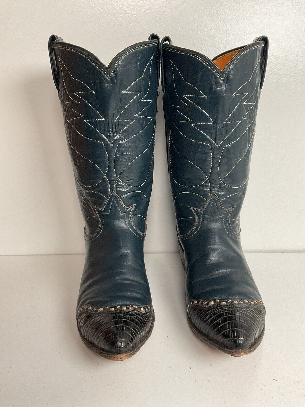 Vintage Tony Lama Navy Blue Cowgirl Boots 6 A W/Box Lizard Wingtip