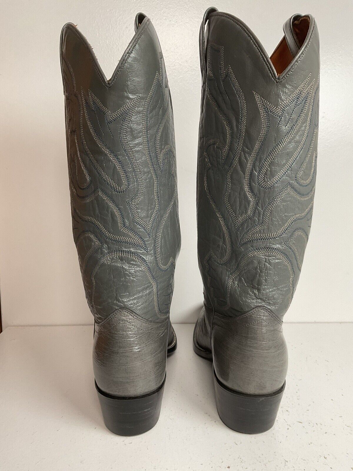 Vintage J. Chisholm Grey Smooth Ostrich Cowboy Boots 7.5 D New Old Stock Exotic