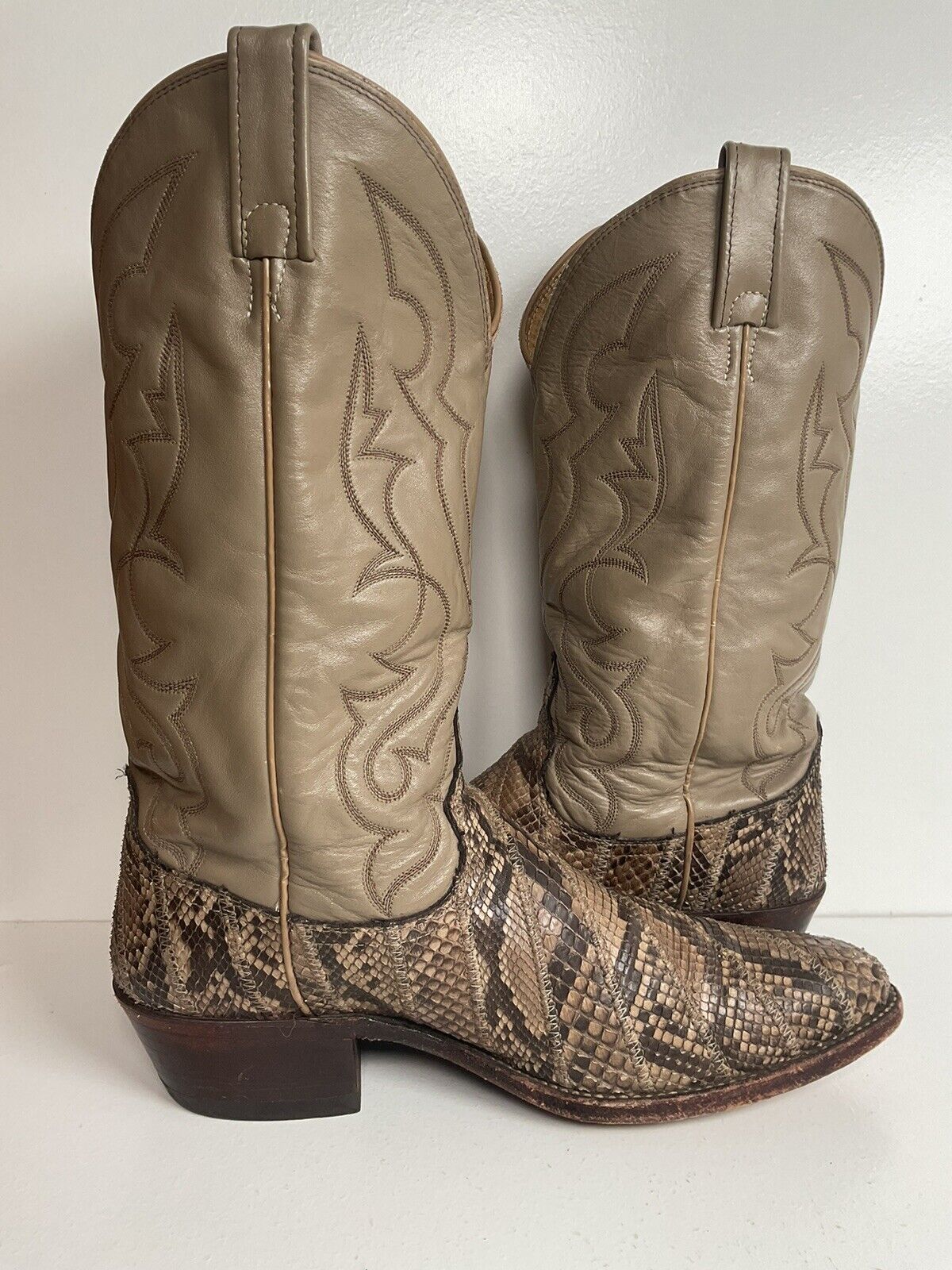 Vintage Dan Post Front Cut Python Snakeskin Cowboy Boots 10 D Patchwork USA Made