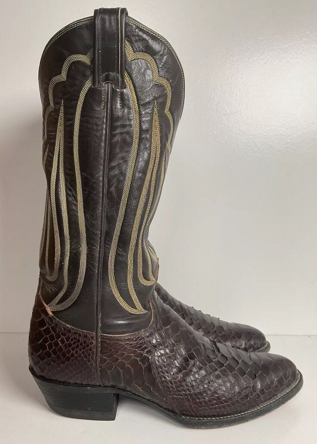 Vintage Tony Lama Back Cut Python Cowboy Boots 8.5 D Dark Brown Snakeskin