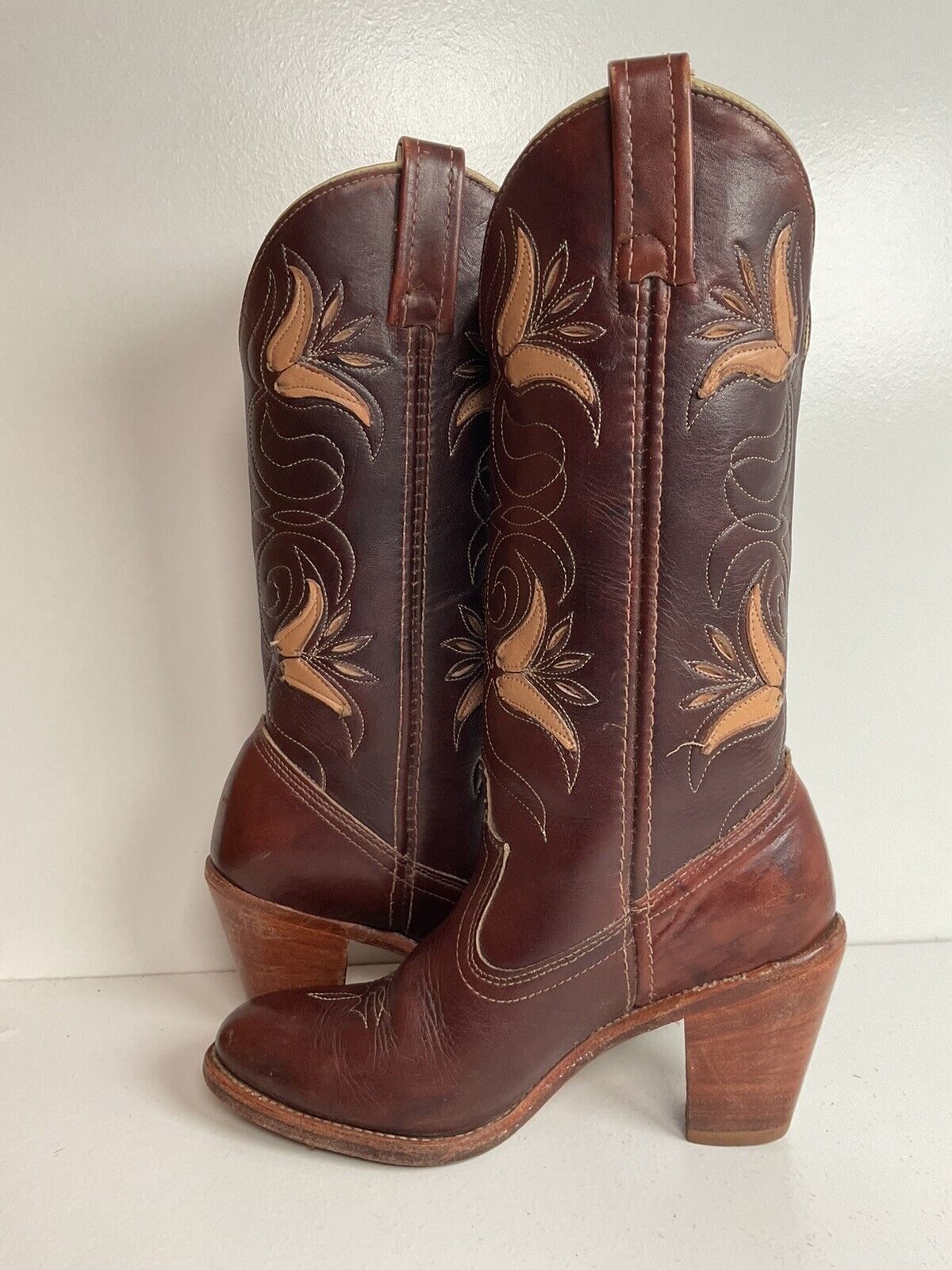 Vintage Dingo Acme 14” Brown Floral Cowgirl Boots 6 M Tooled Tulip Overlay